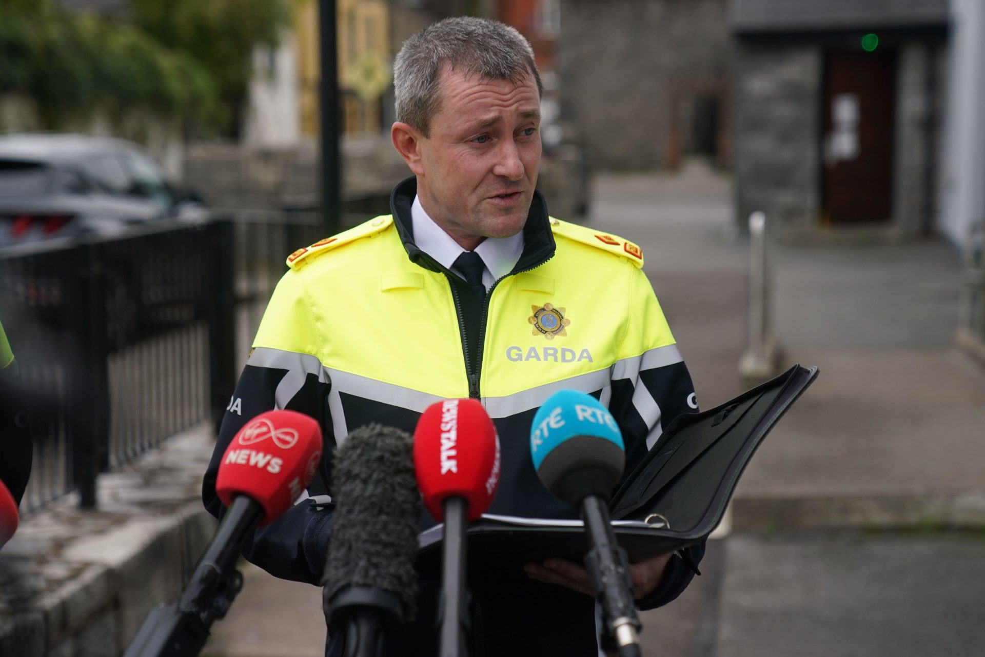 Superintendent Adrian Gamble speaking to the media outside Midleton Garda Station about the Tina Satchwell murder investigation