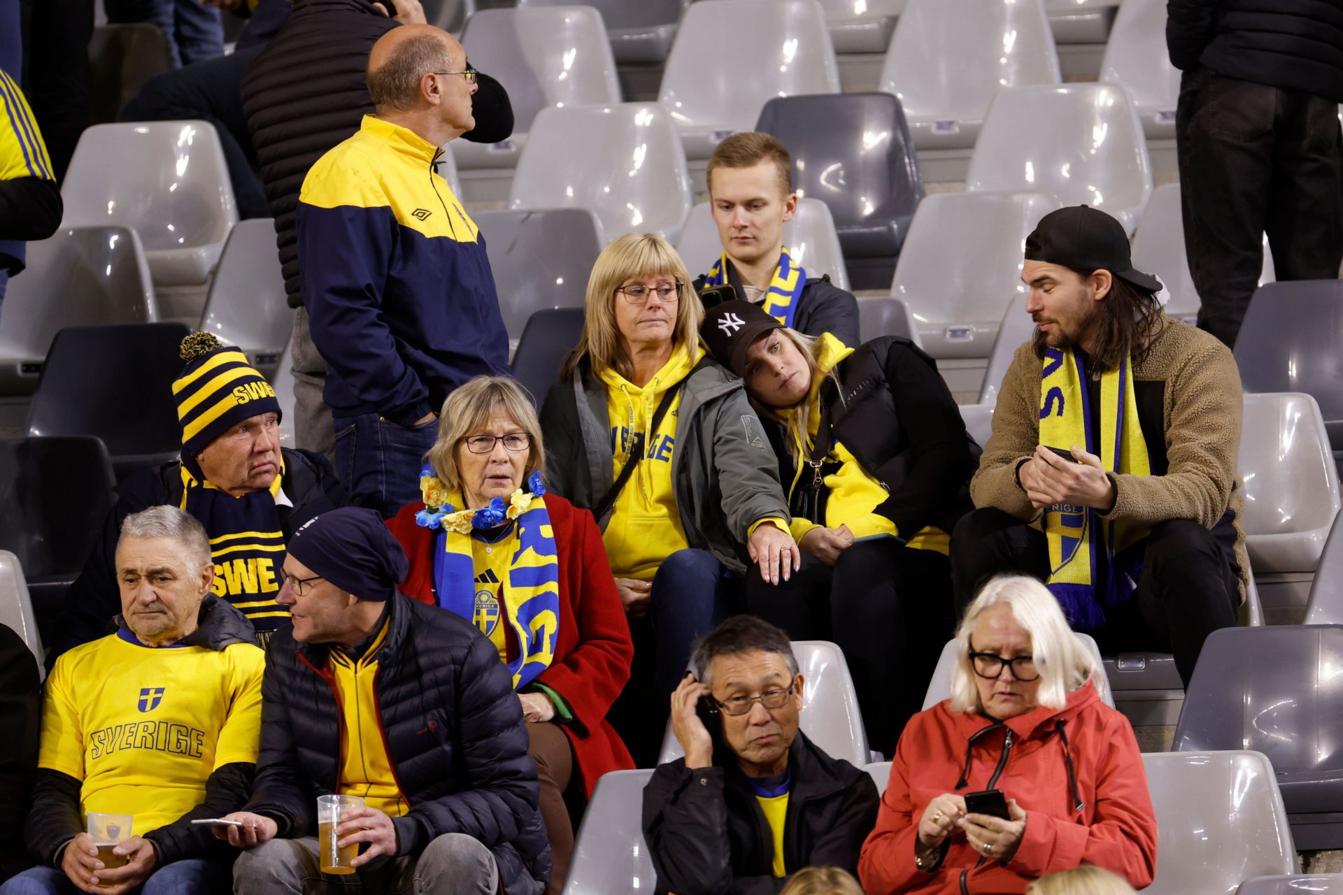Supporters in the stands after suspension of the Euro 2024 group F qualifying soccer match between Belgium and Sweden