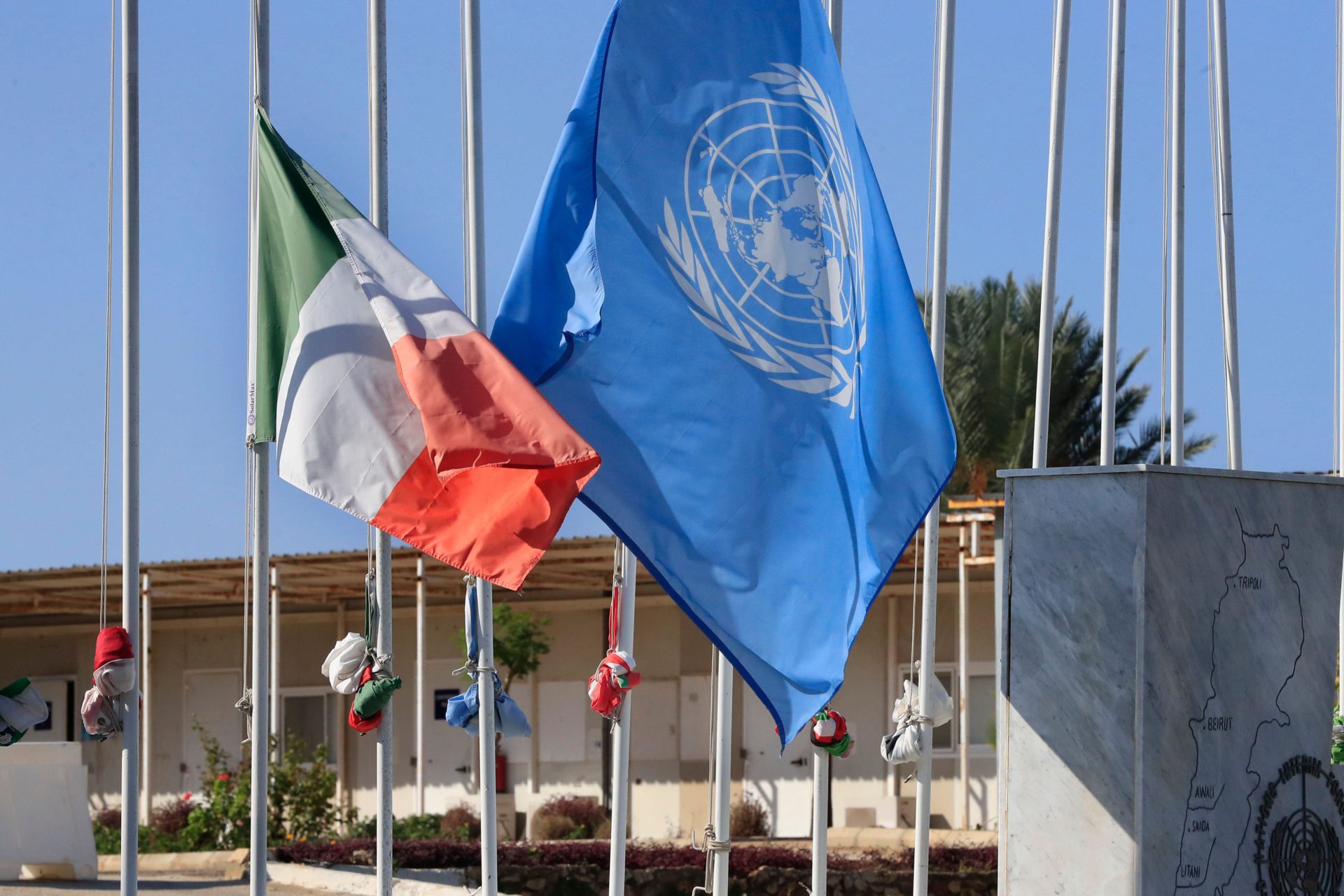 2M9H8H5 The United Nations and the Ireland flags fly at half-staff, at the UNIFIL headquarters in the southern Lebanese town of Naqoura, Lebanon, Friday Dec. 16, 2022. On Thursday Dec. 15, 2022, an Irish U.N. peacekeeper has been killed and several others were wounded when unidentified attackers fired at a convoy in southern Lebanon, a traditional stronghold of the militant Hezbollah group.(AP Photo/Mohammed Zaatari)