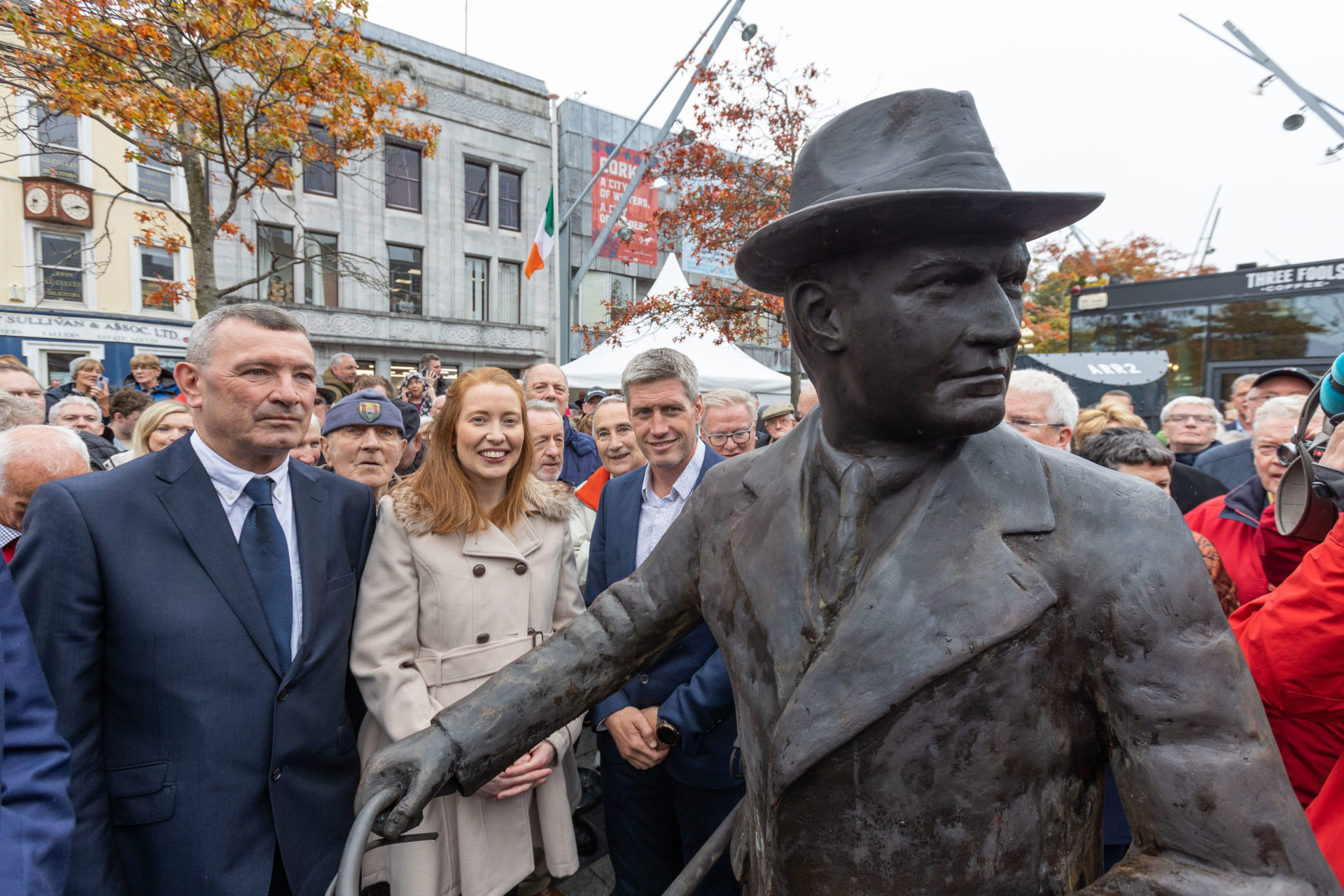 Hundreds of people turned out on the Grand Parade Cork City today for the reveal of a highly anticipated new statue of Michael Collins