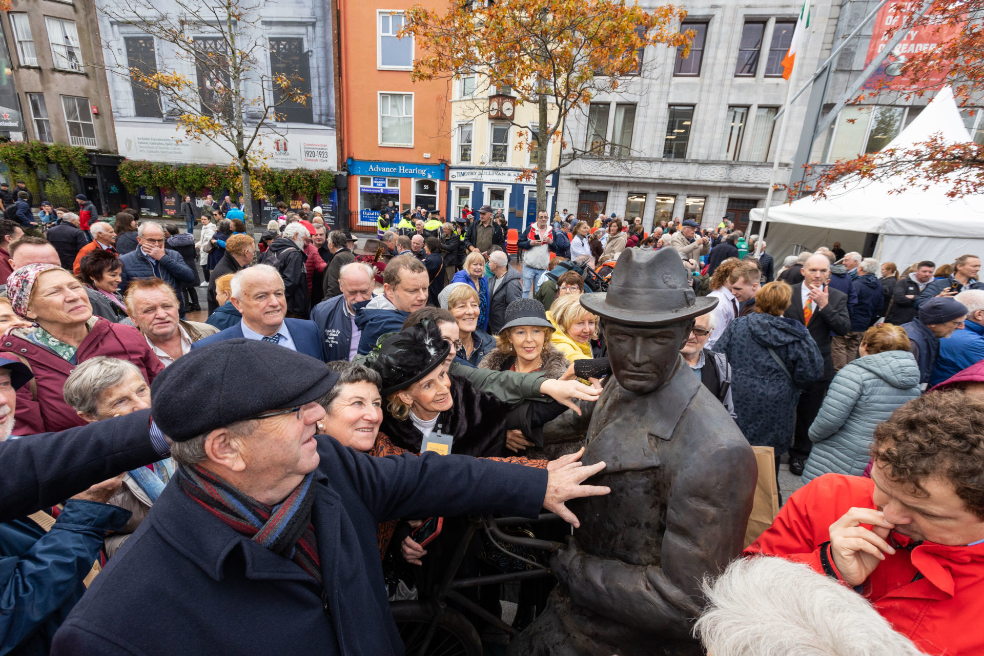 Hundreds of people turned out on the Grand Parade Cork City today for the reveal of a highly anticipated new statue of Michael Collins