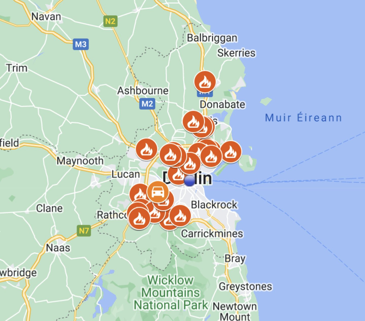 A map showing some of the Dublin Fire Brigade callouts on Halloween night