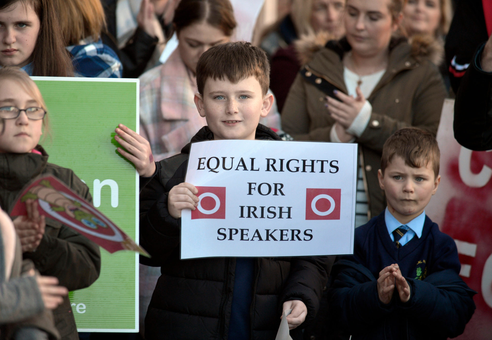 J2RAG2 Irish speaking primary school child at protest calling for an Irish Language Act, in Derry, Londonderry, Northern Ireland.