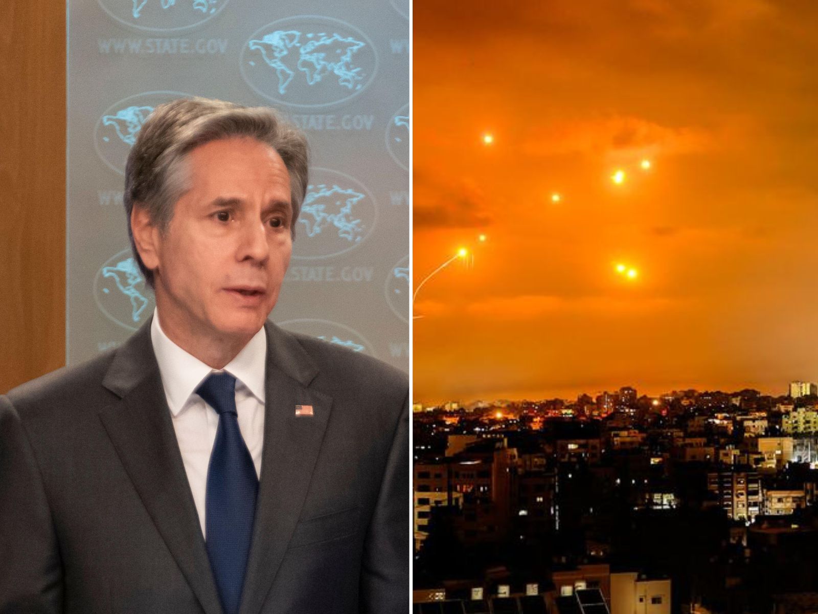 Split-screen shows US Secretary of State Antony Blinken at the US State Department on 2-3-22, and missile strikes through the night in Gaza on 2-11-23