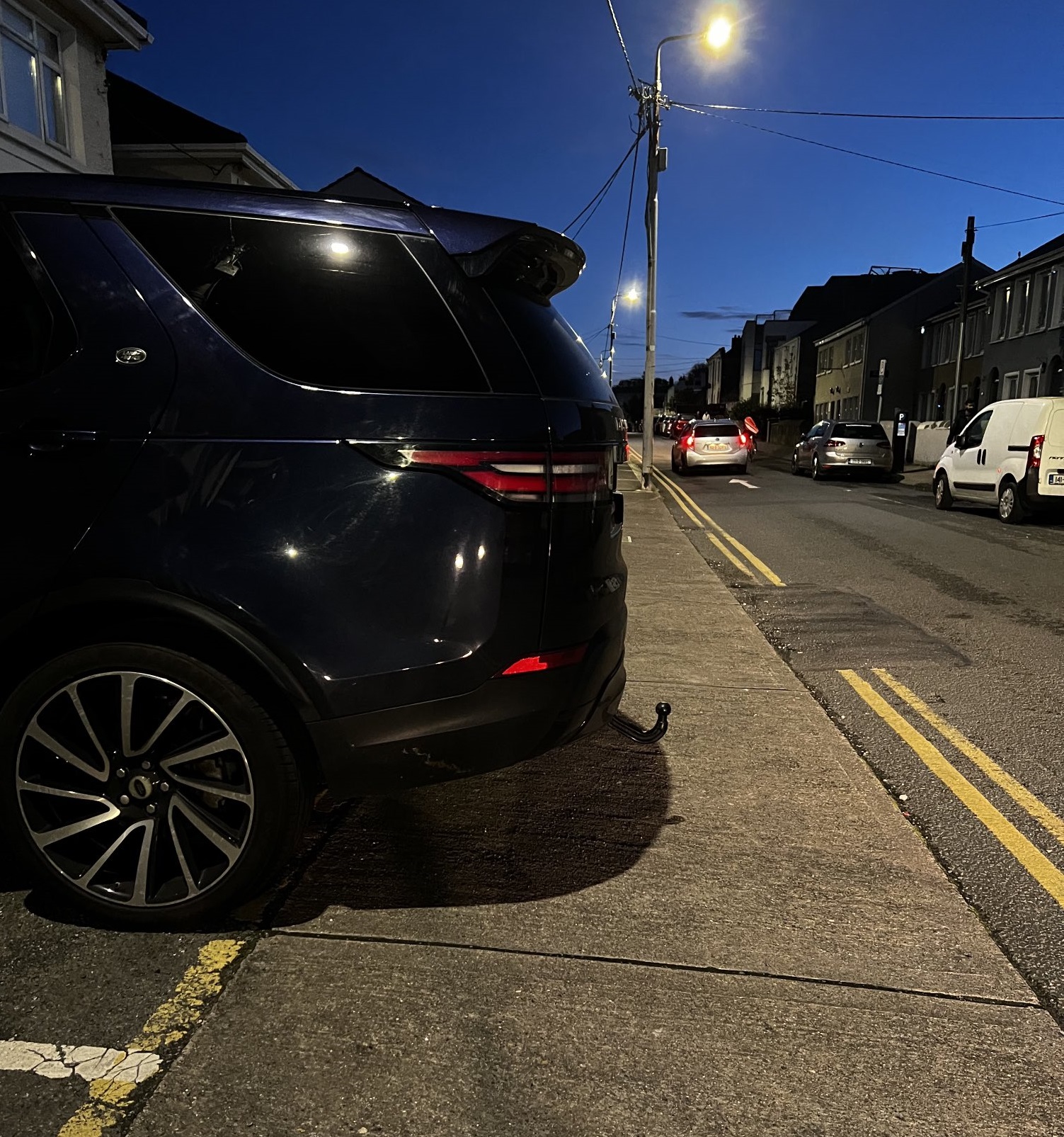 An SUV with a ball hitch blocking a footpath in Dún Laoghaire, Co Dublin