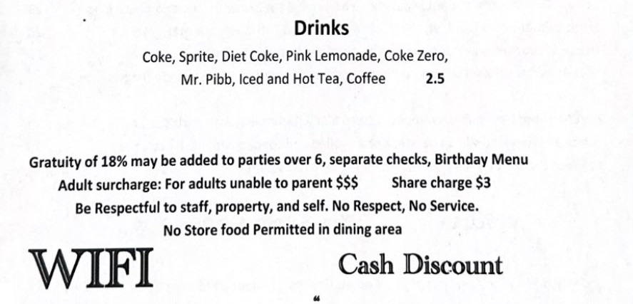 A section of the Toccoa Riverside Restaurant menu, noting the '$$$' surcharge for some parents