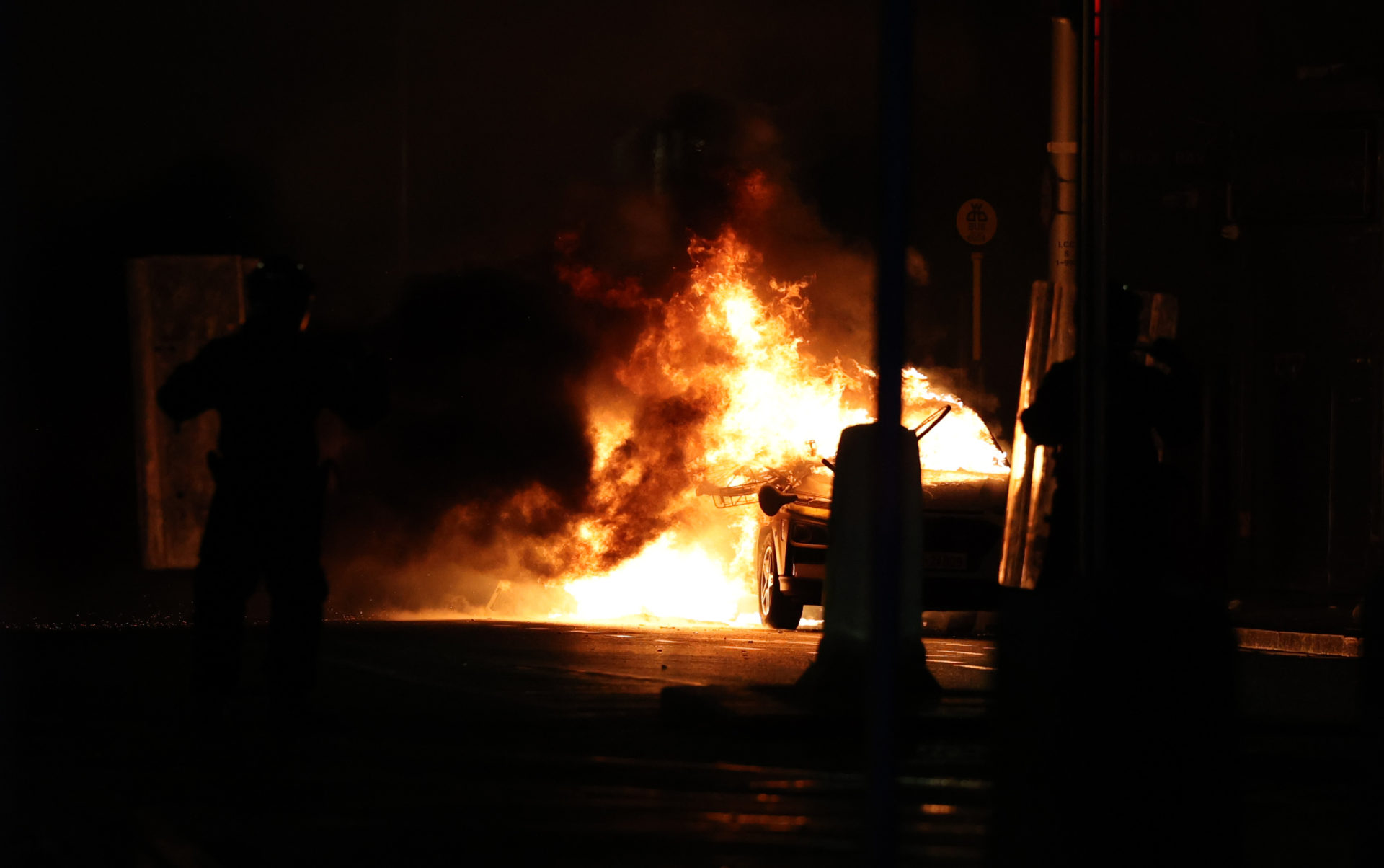 A car on fire at the top of O'Connell Street in Dublin city, 23-11-2023.