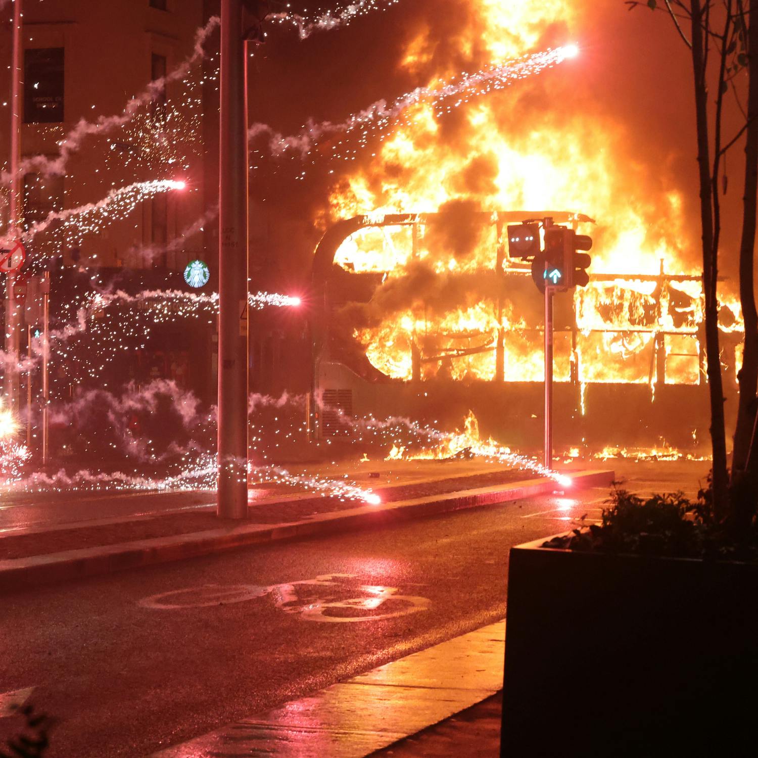 A bus engulfed in flames in Dublin last night.