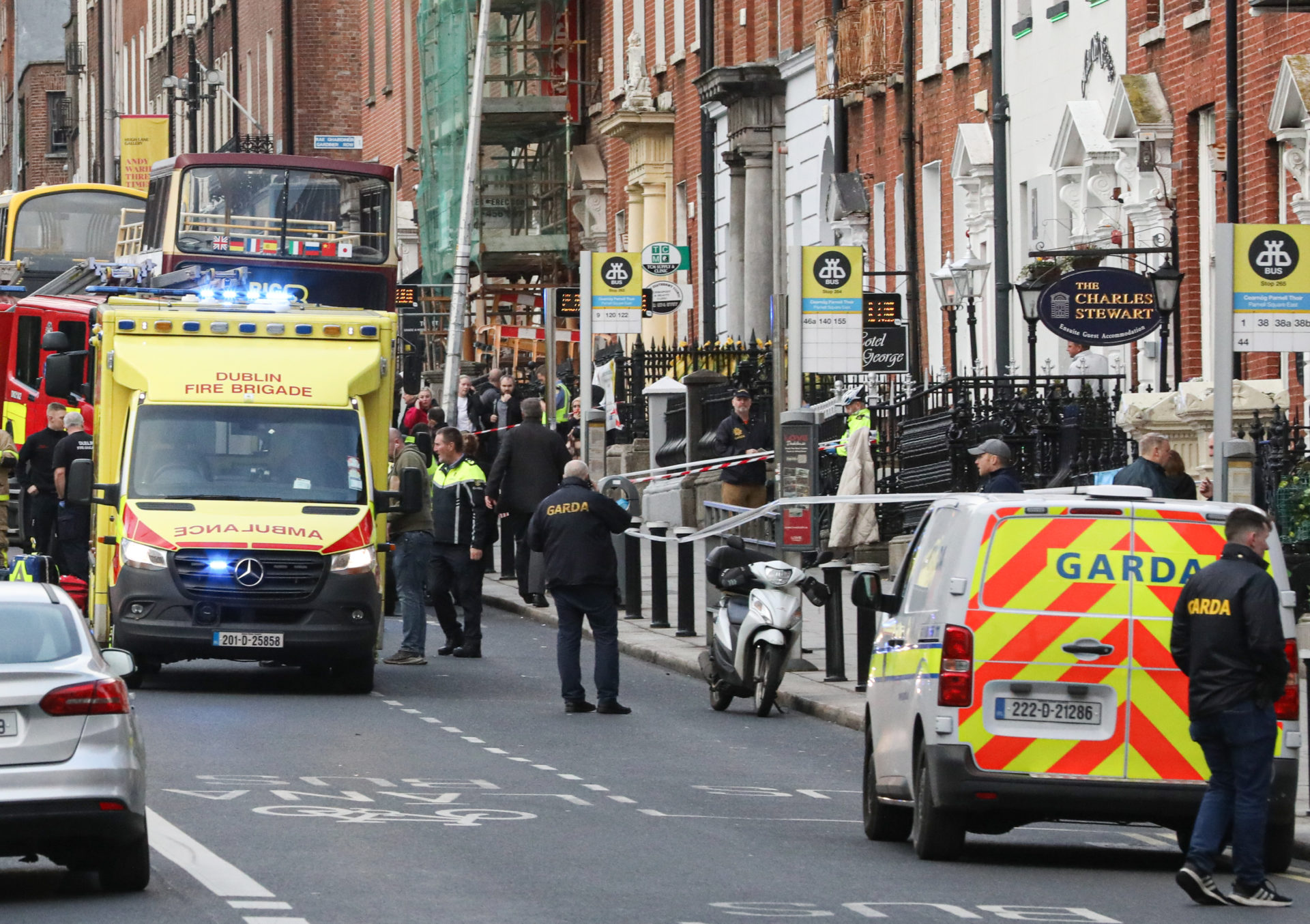 Gardaí at the scene where a woman and three children were attacked in Parnell Square in Dublin