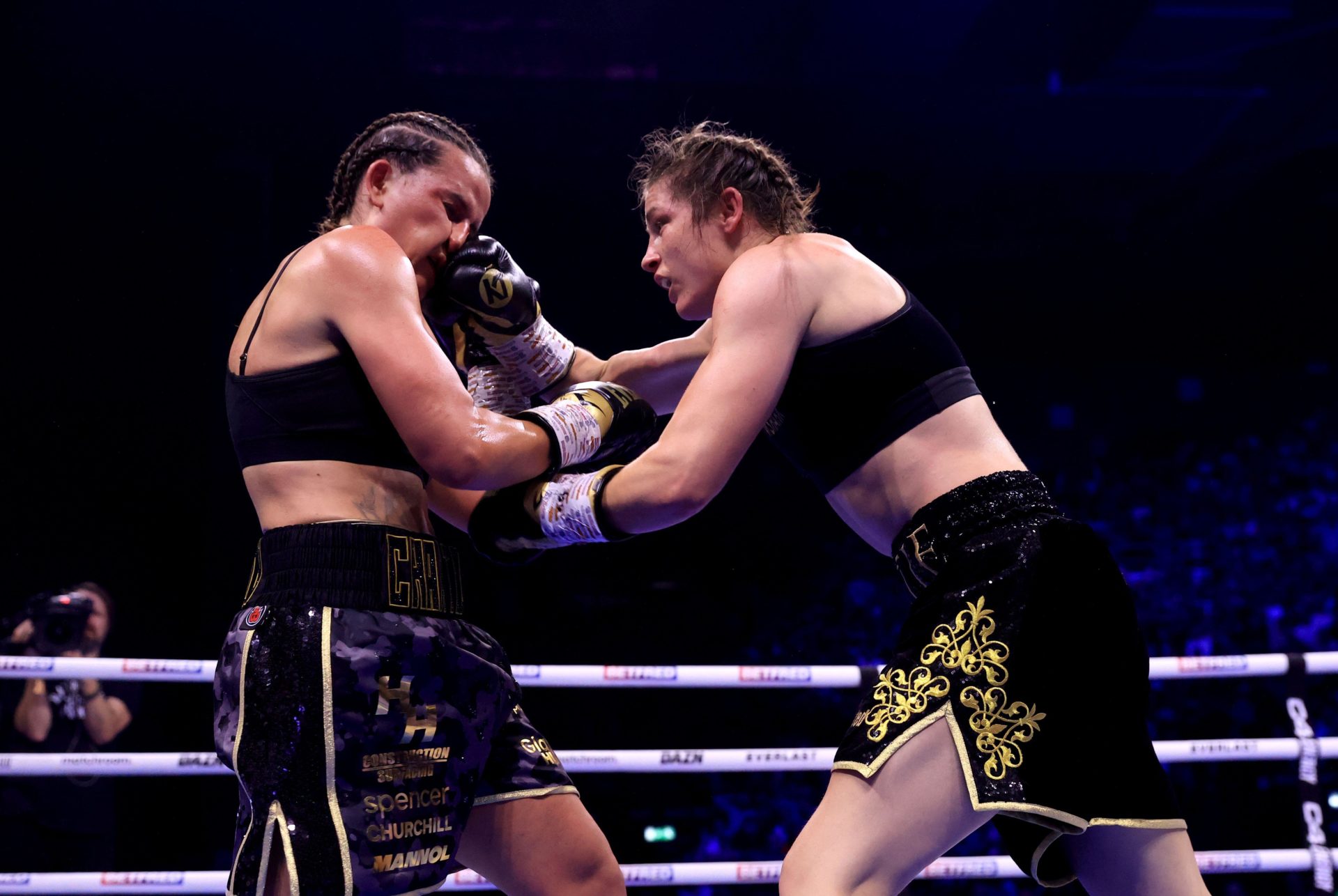 Katie Taylor (right) and Chantelle Cameron in action during their Undisputed Super Lightweight title fight at the 3Arena in Dublin, 25/11/2023. Image: PA Images/Alamy