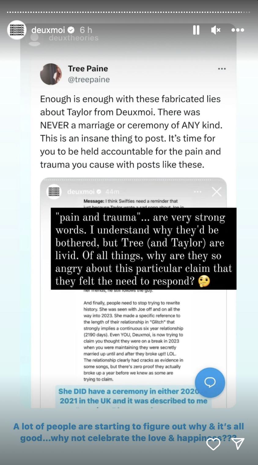 Deuxmoi retaliating to Tree Paine's tweet about Taylor Swift marrying Joe Alwyn