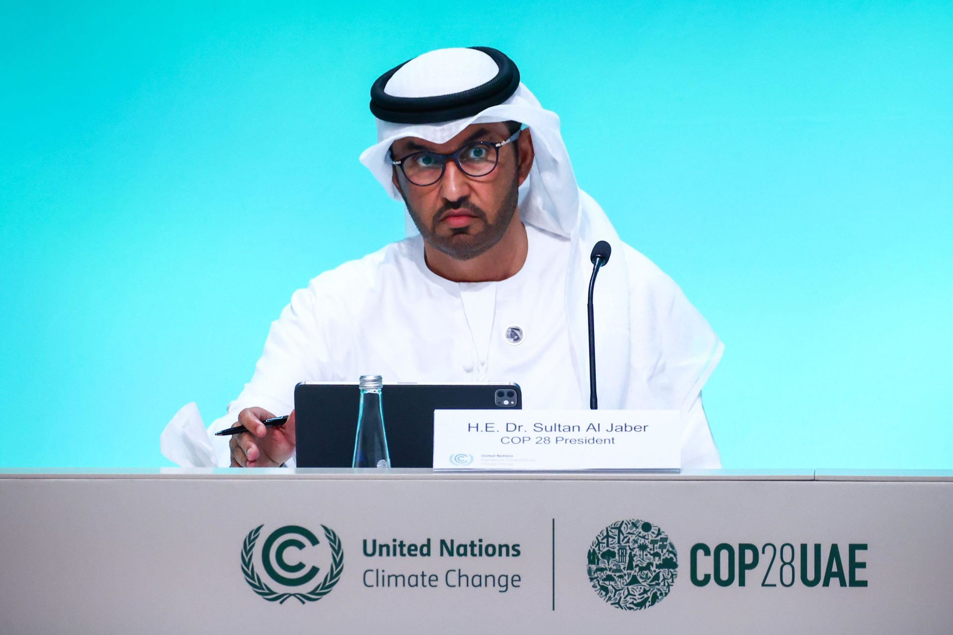 Sultan Ahmed Al Jaber speaks during a press conference at COP28