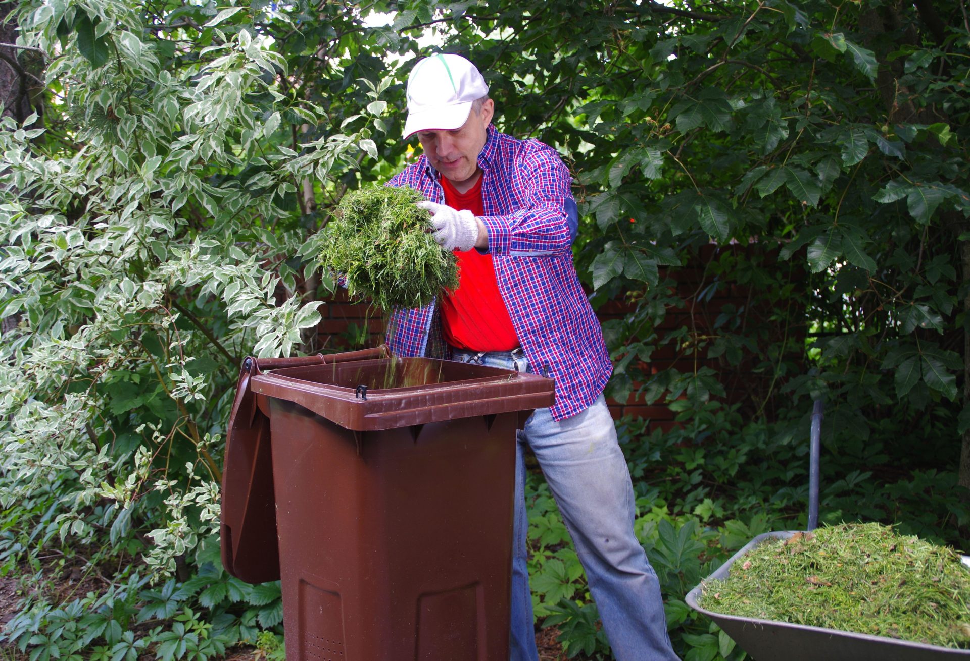 A man throwing green hay into a brown bin, 17-9-20.