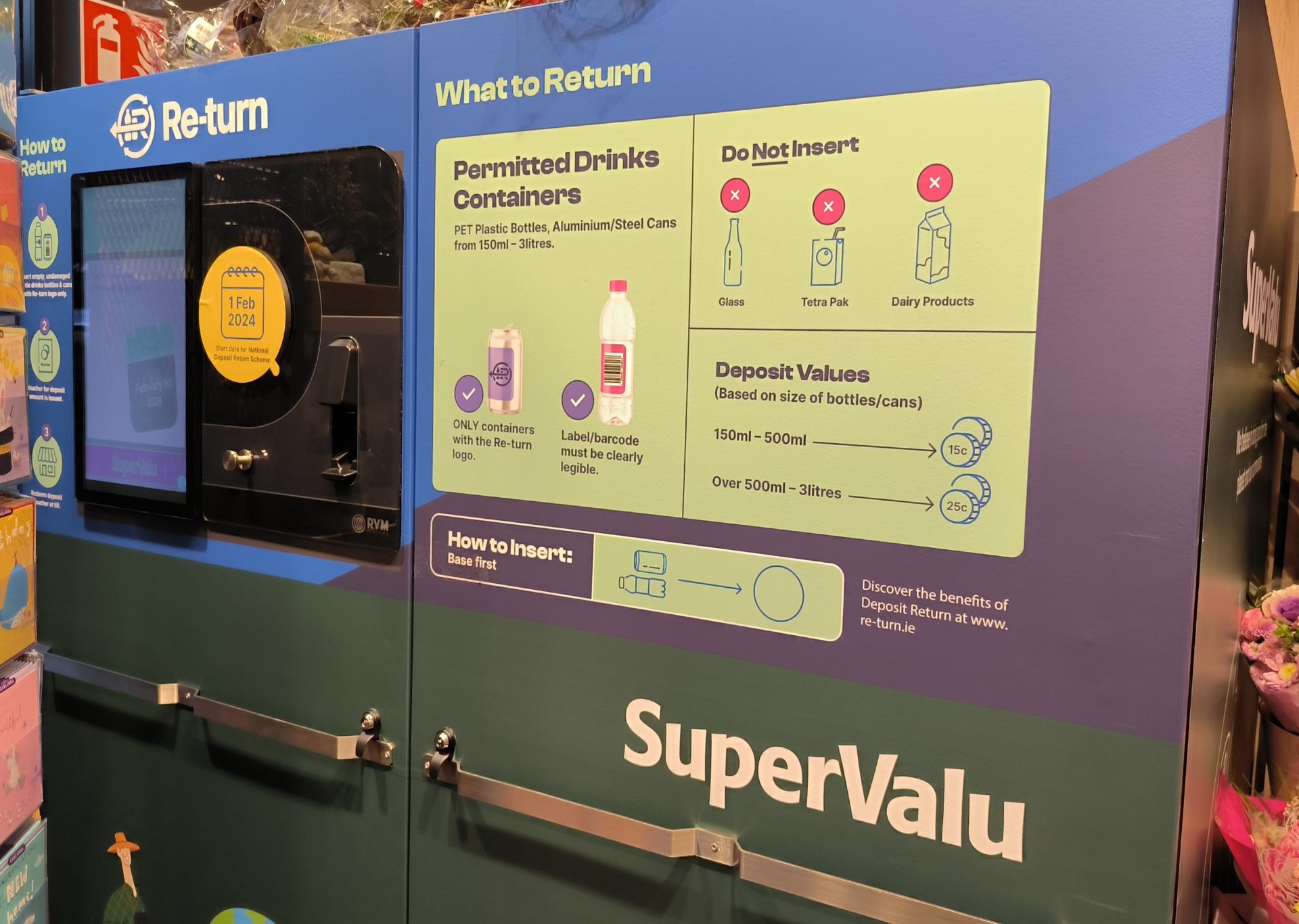 A Deposit Return Scheme machine ready for use at a Supervalue supermarket in Dublin, 1-1-23.