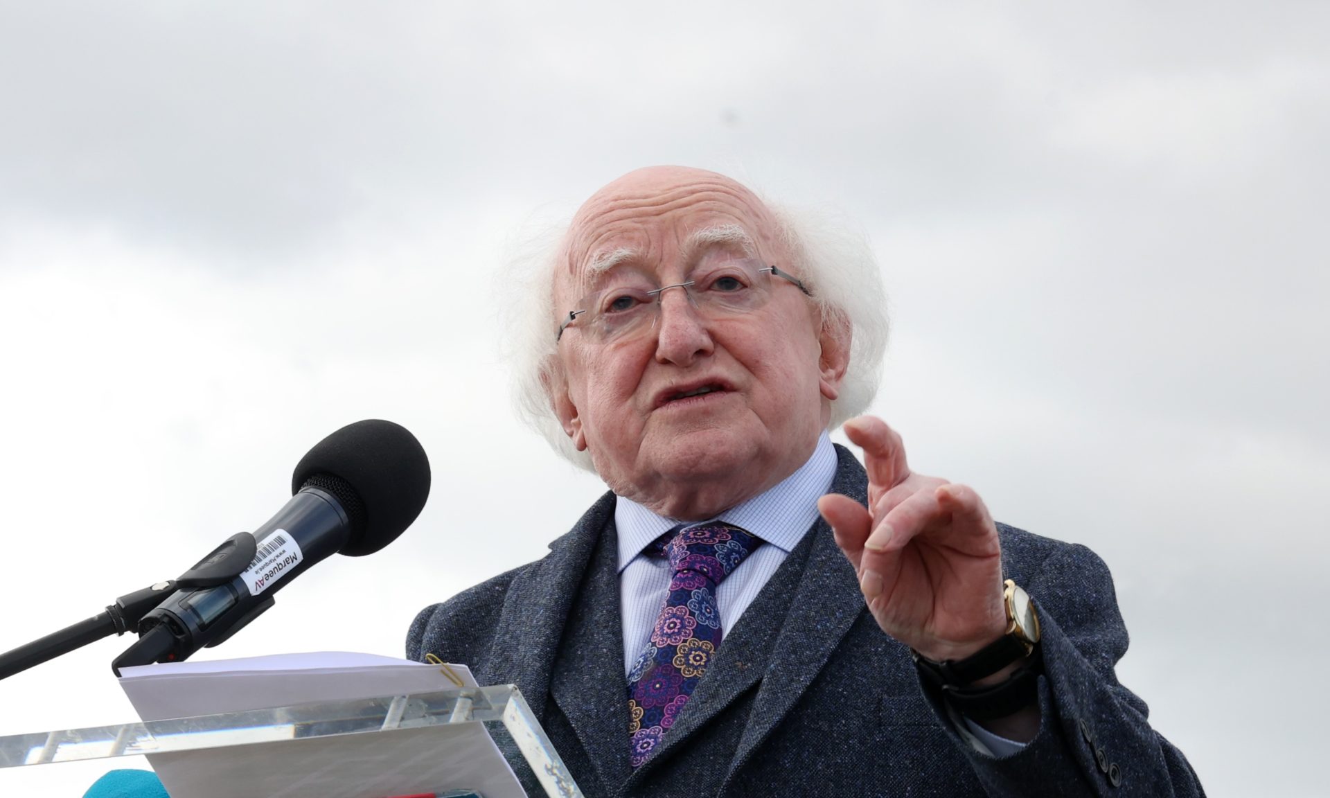President Michael D Higgins speaking as he officially unveil the newly-restored Éire 6 wartime neutrality sign in Howth, 09-04-2022.