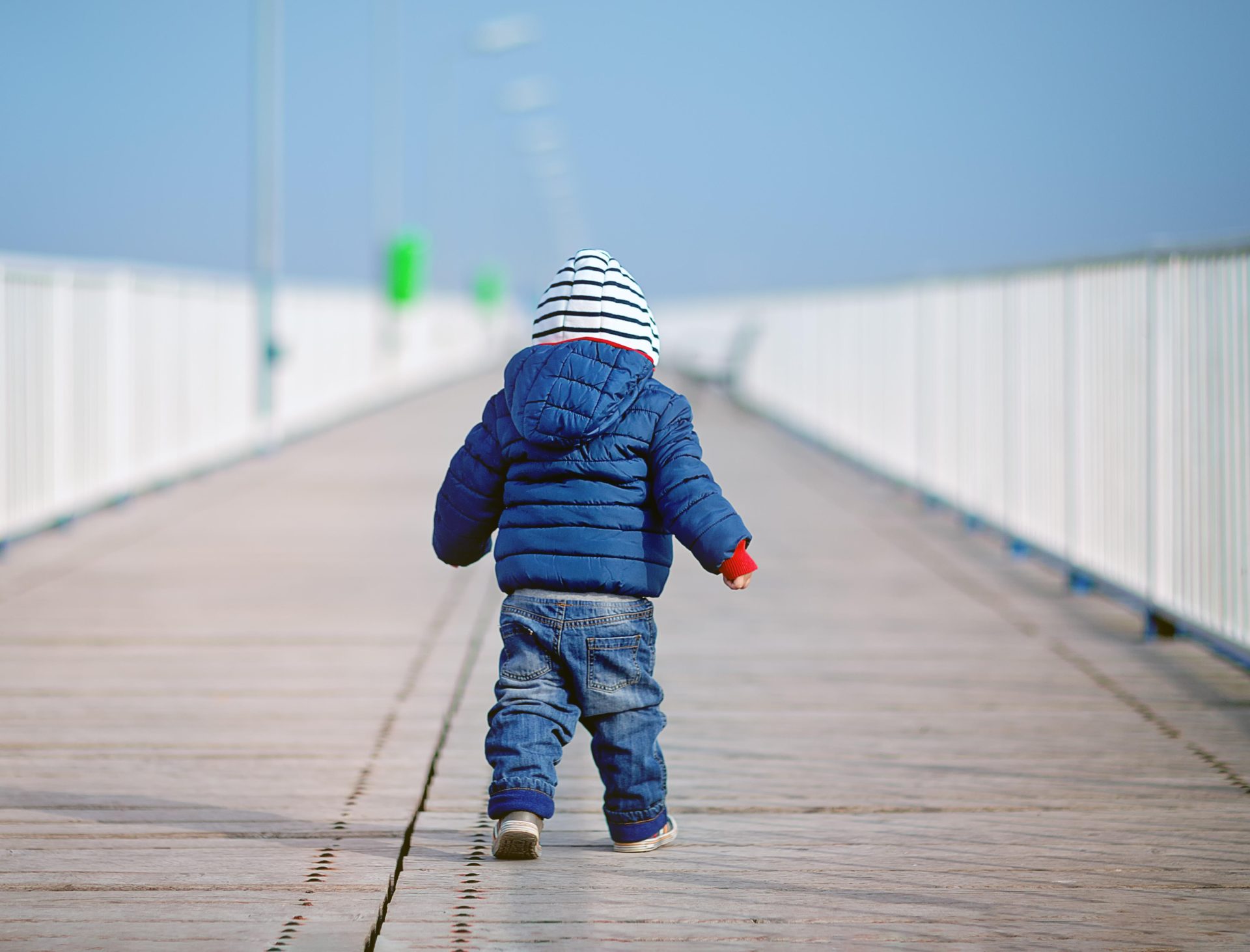 Baby boy walking on bridge, 8-11-15.