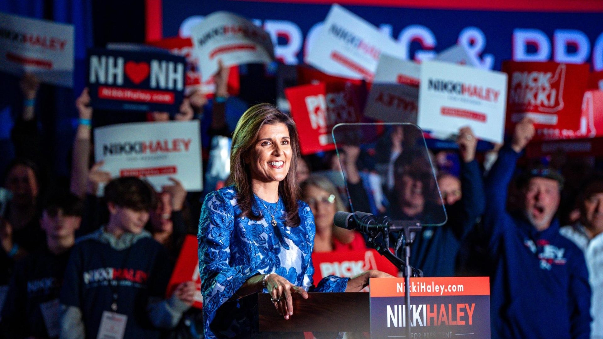 Nikki Haley speaking at a rally in the US state of New Hampshire, 24-1-24