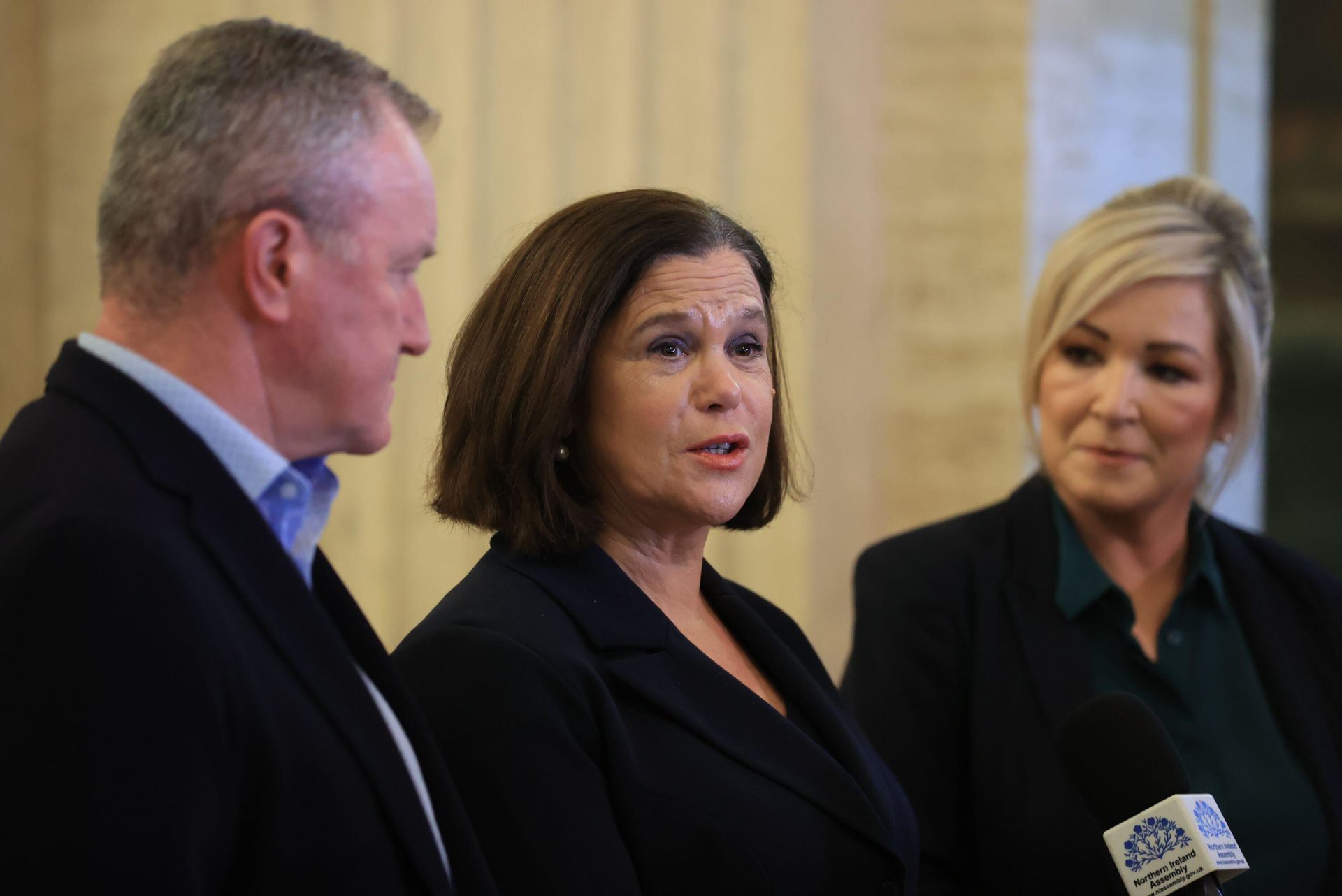Sinn Fein’s Conor Murphy, Mary Lou McDonald and Michelle O'Neill in the Great Hall at Stormont, Belfast