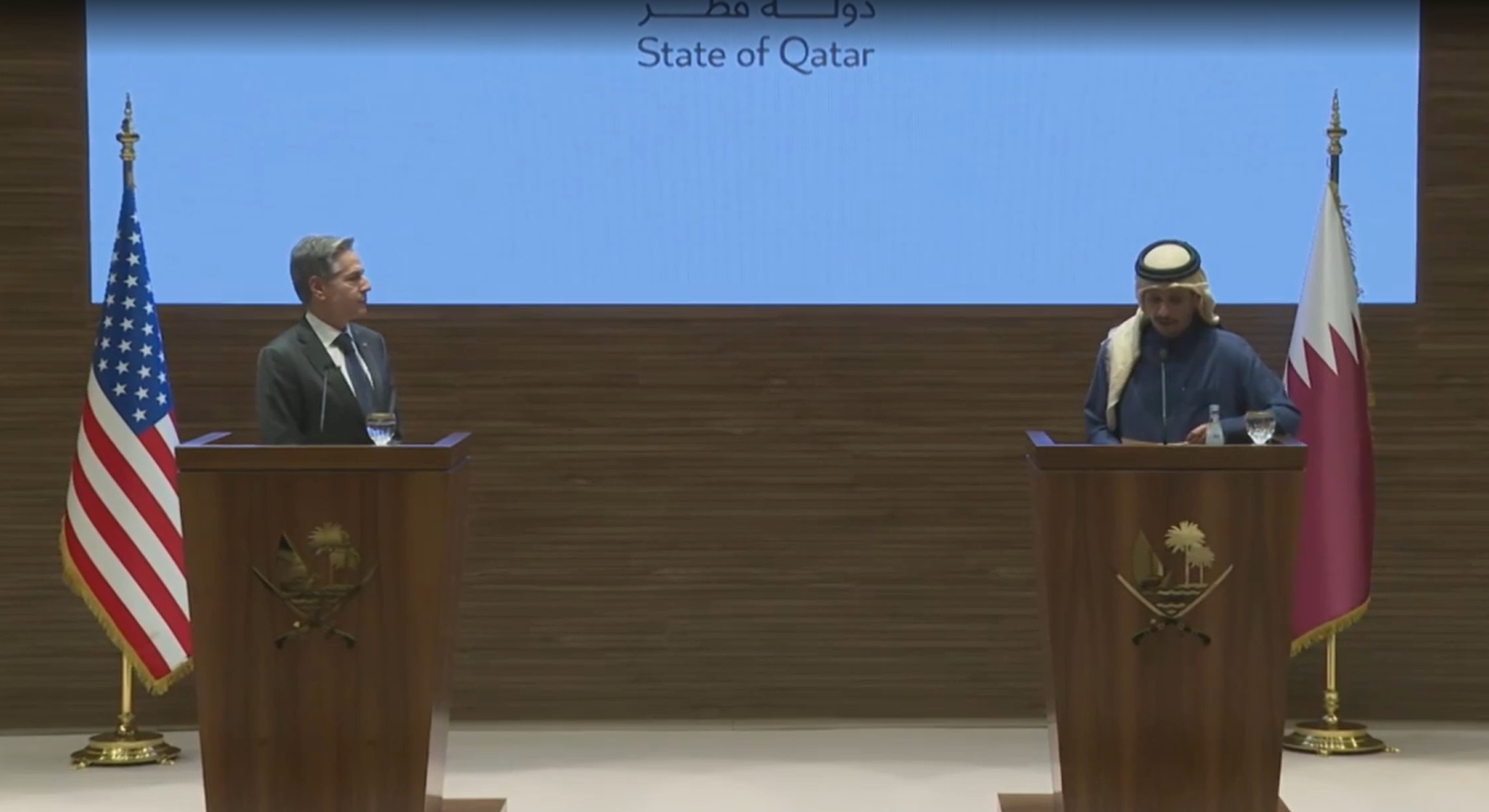 US Secretary of State Antony Blinken at a press conference in Doha with Qatar's Prime Minister Sheikh Mohammed bin Abdulrahman bin Jassim Al Thani, 6-2-24