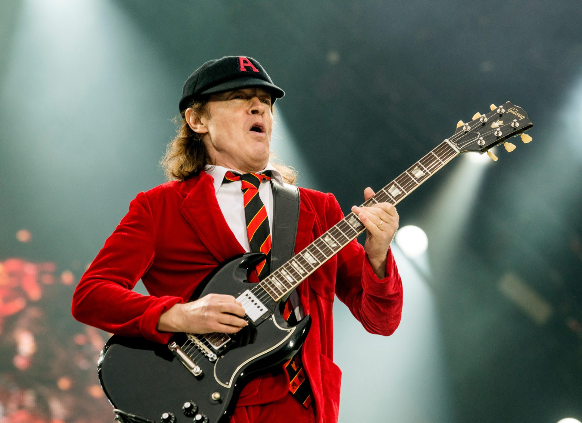 Musician Angus Young of AC/DC performs in Glasgow, Scotland, 18-9-15.