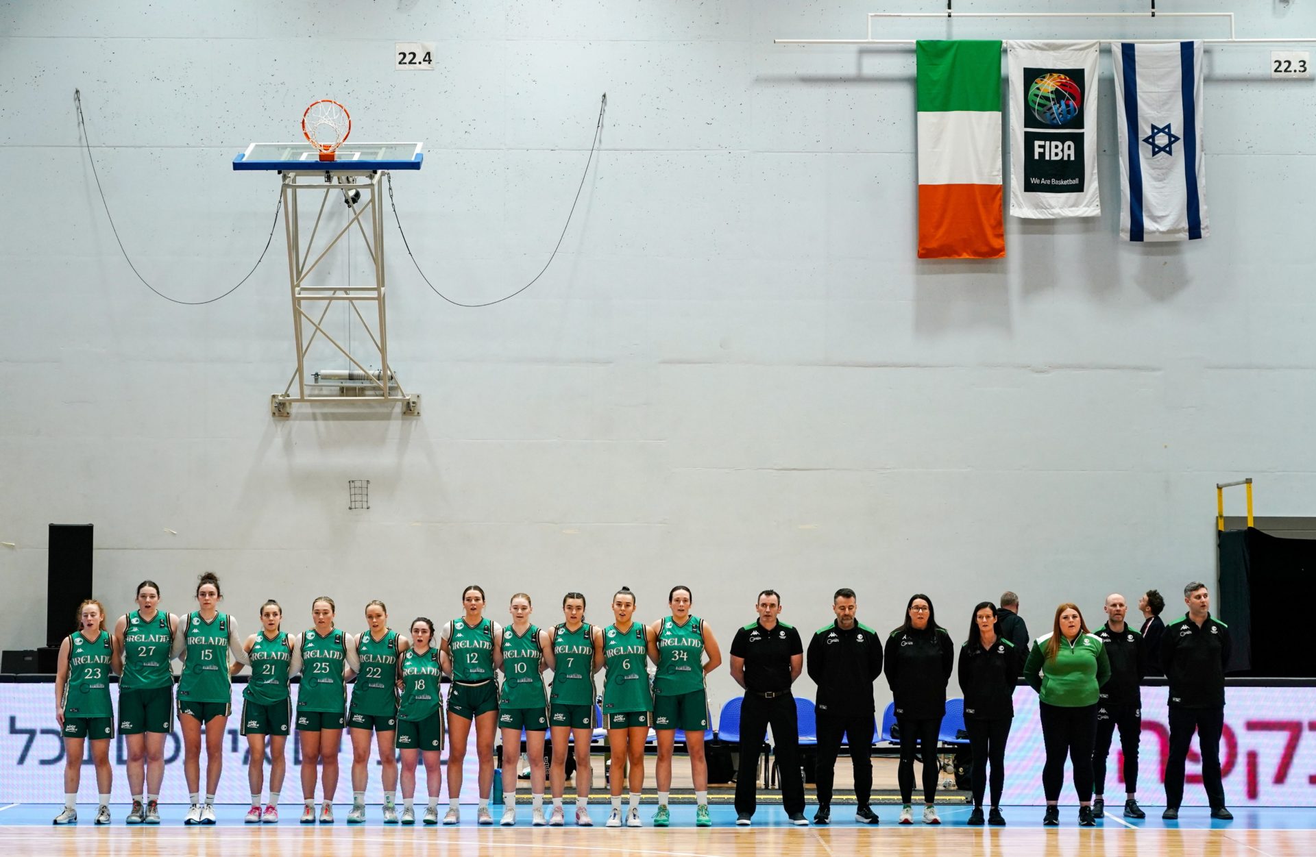 The Ireland team stand by their bench before the Women's EuroBasket Championship Qualifier match between Israel and Ireland at the Rimi Olympic Centre in Riga, Latvia, 08/02/2024. Image: Oksana Dzadan/Sportsfile