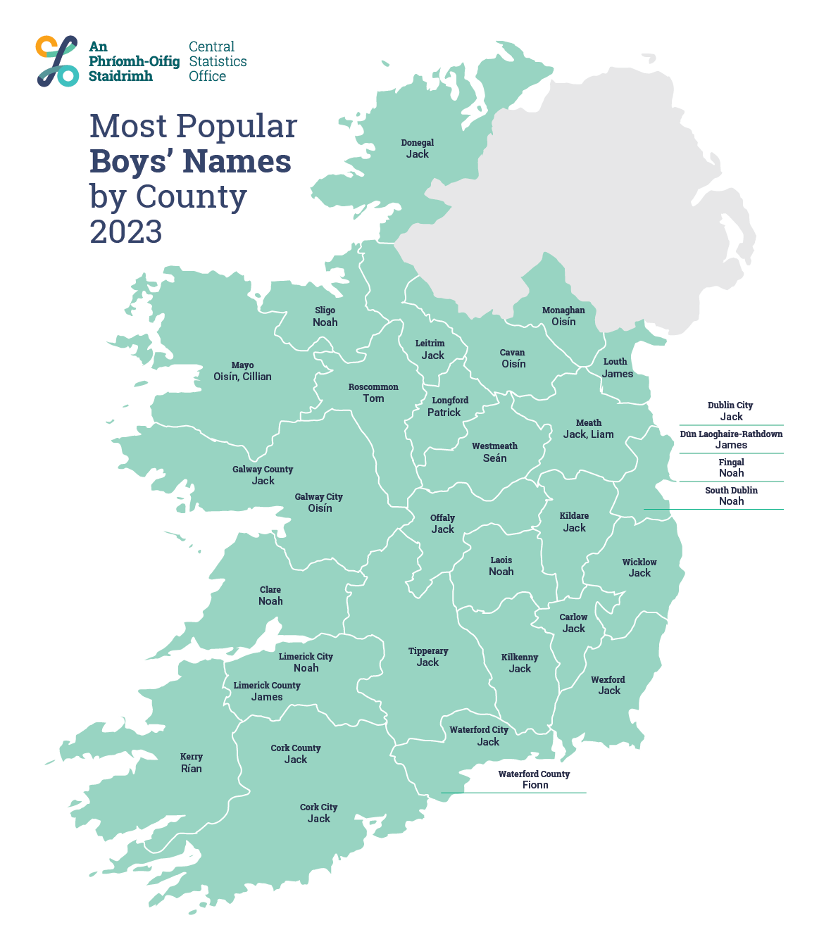 The most popular baby boys’ names in Ireland by county