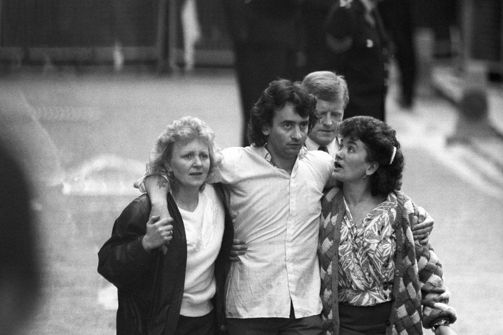 Gerry Conlon, the first of the Guildford Four to be freed, with his sisters Bridie Brennan and Ann McKernan outside the Old Bailey in London