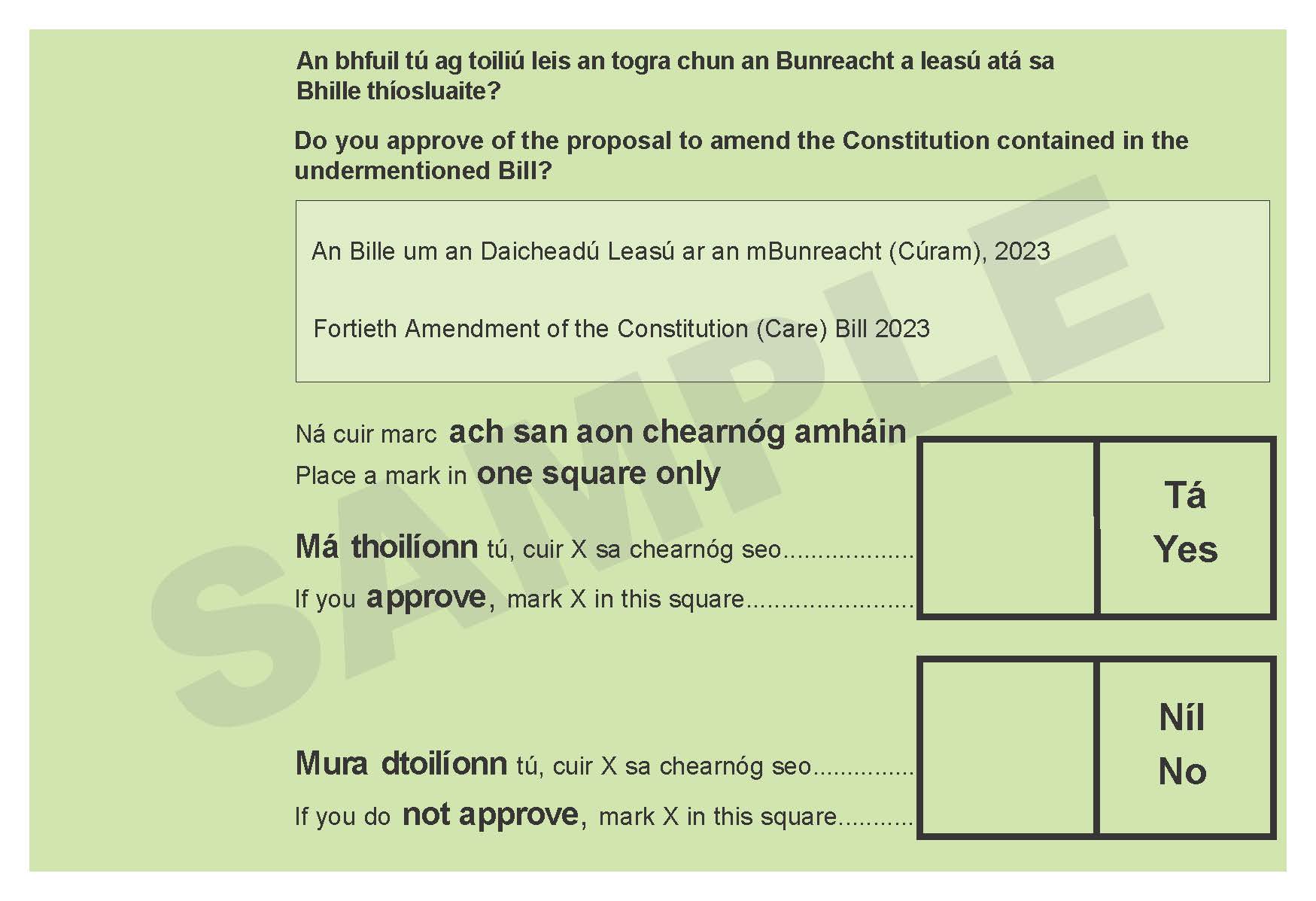 A sample ballot paper on the referendum on care