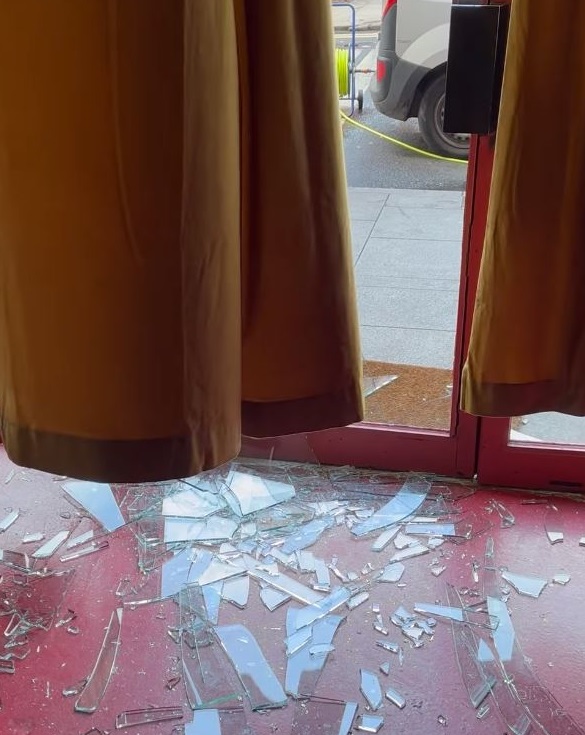 A smashed door inside the Bootleg restaurant