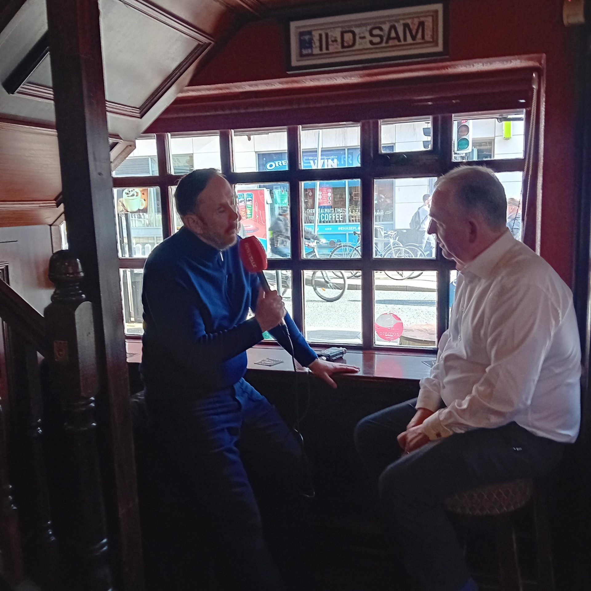 Newstalk Breakfast presenter Shane Coleman talking to Hugh Hourican owner of the Boar’s Head on Capel Street