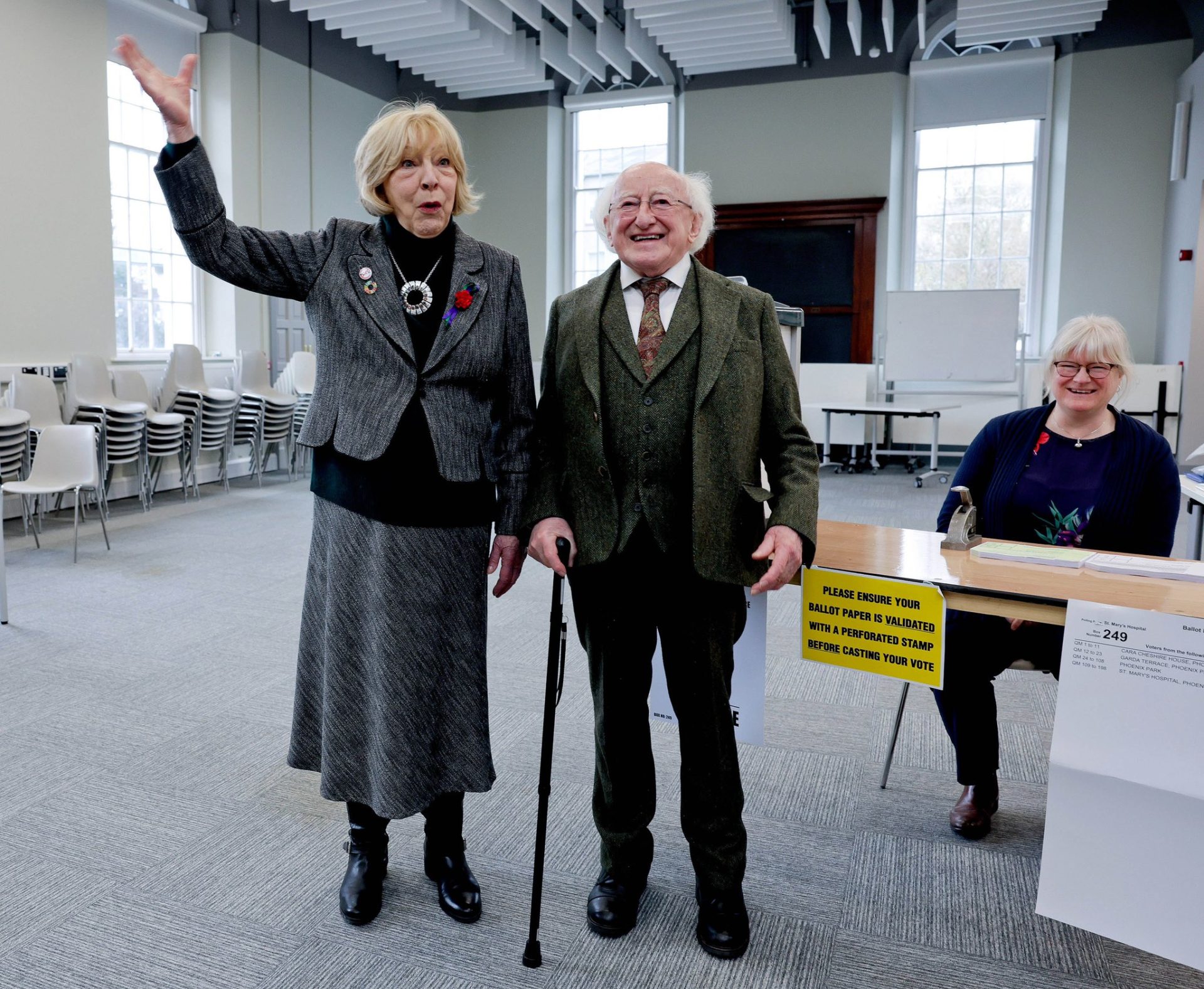 President Michael D Higgins and Sabina Higgins vote in the Family and Care referendums in Dublin's Phoenix Park, 8-3-24. 