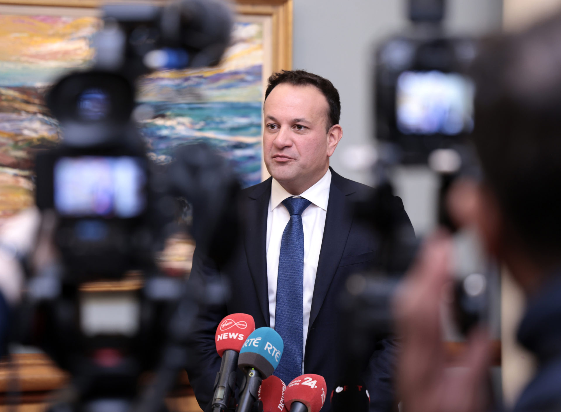 Taoiseach and Fine Gael leader Leo Varadkar speaking to the media at Dublin Castle for the referendum on family and care