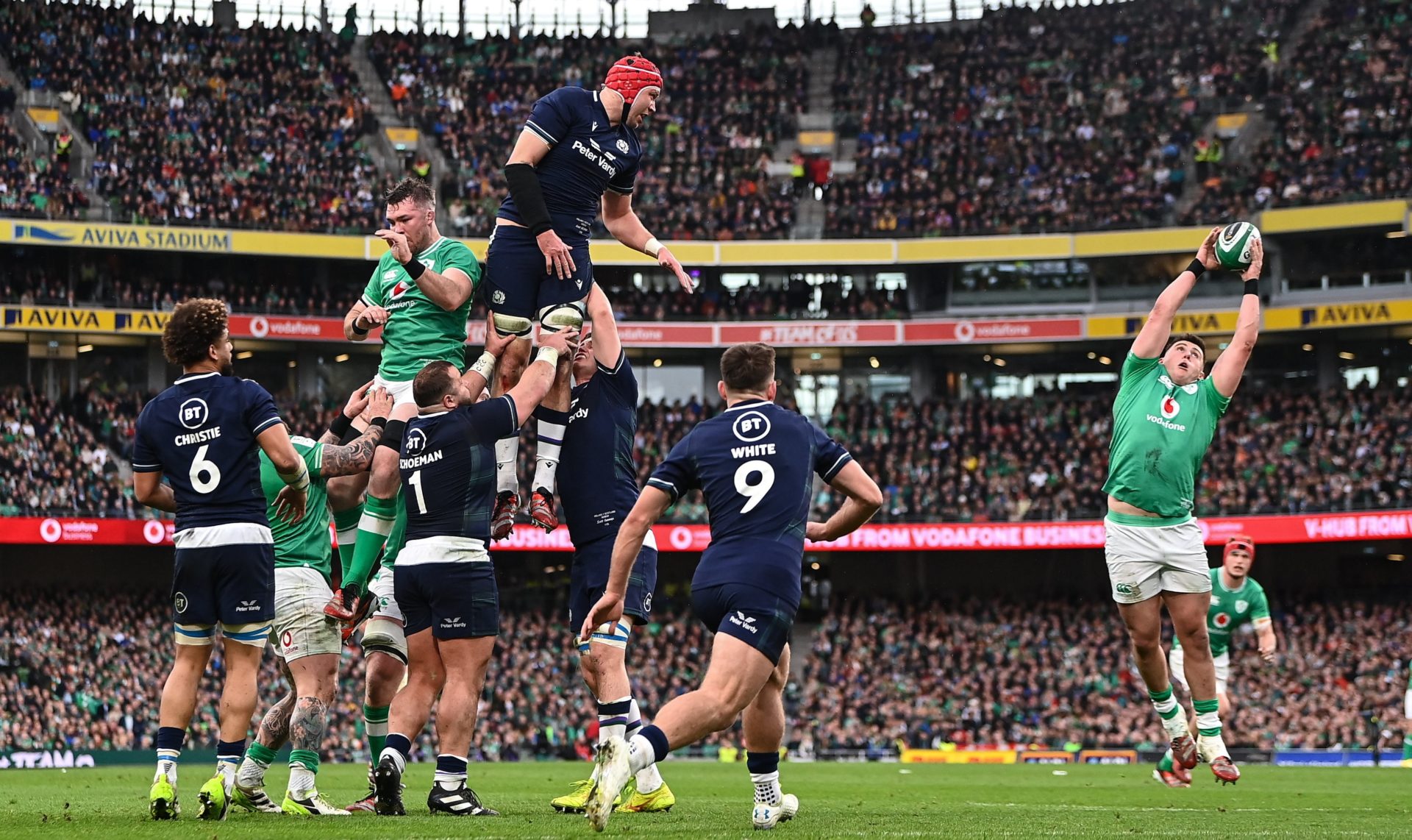 Dan Sheehan of Ireland catches the ball on the back of a line-out which resulted in Ireland's first try. Image: Harry Murphy/Sportsfile