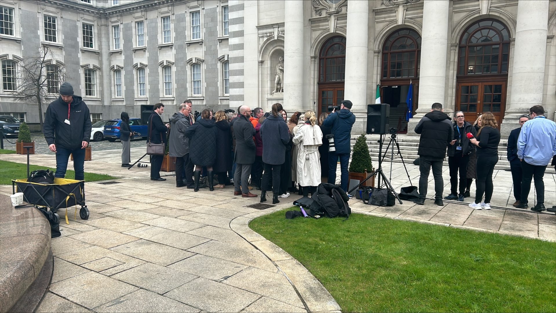 Reporters gather outside Leinster House for Leo Varadkar’s speech. 