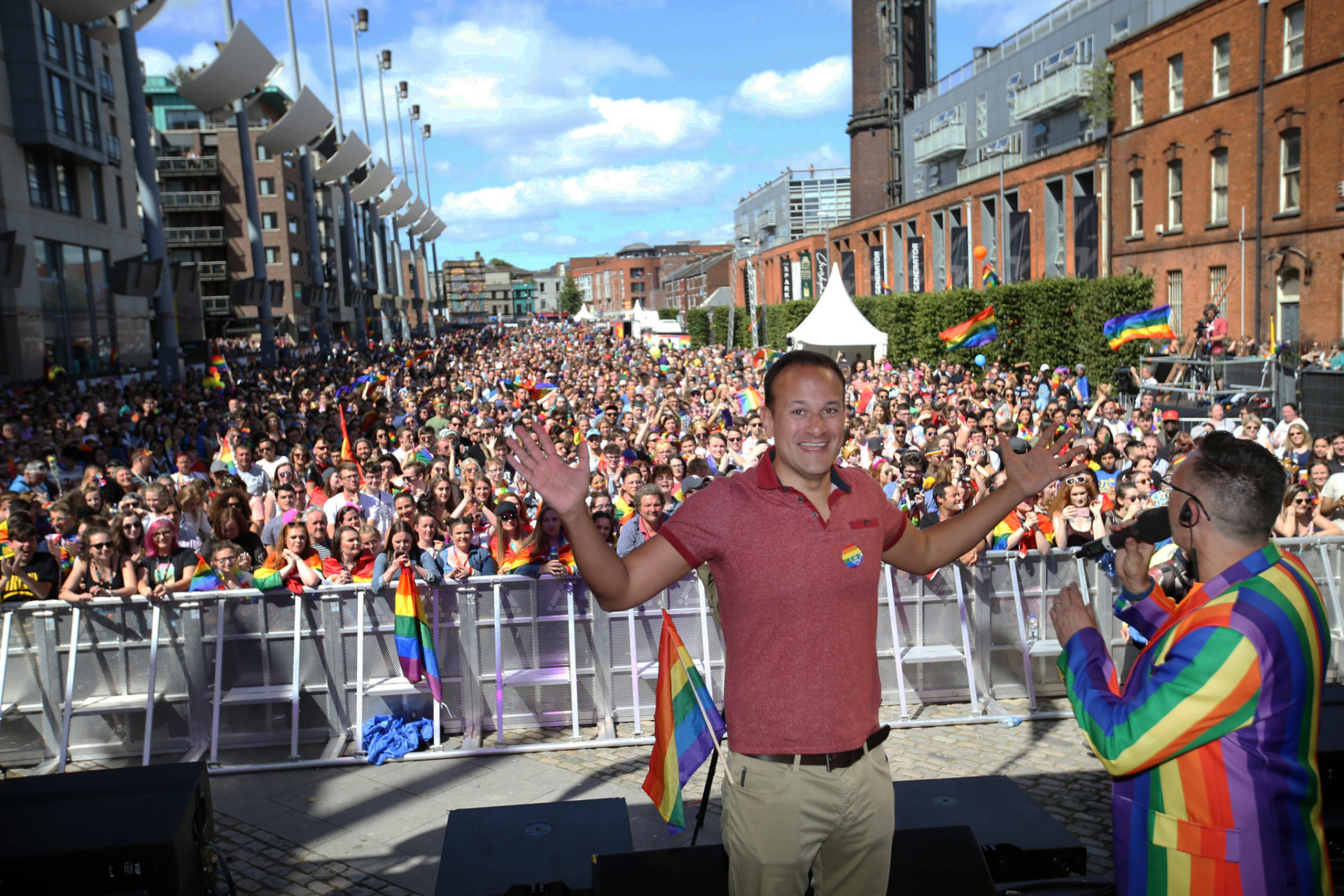 Leo Varadkar holds his hands up before a huge crowd during Pride in Dublin, 24-6-17.