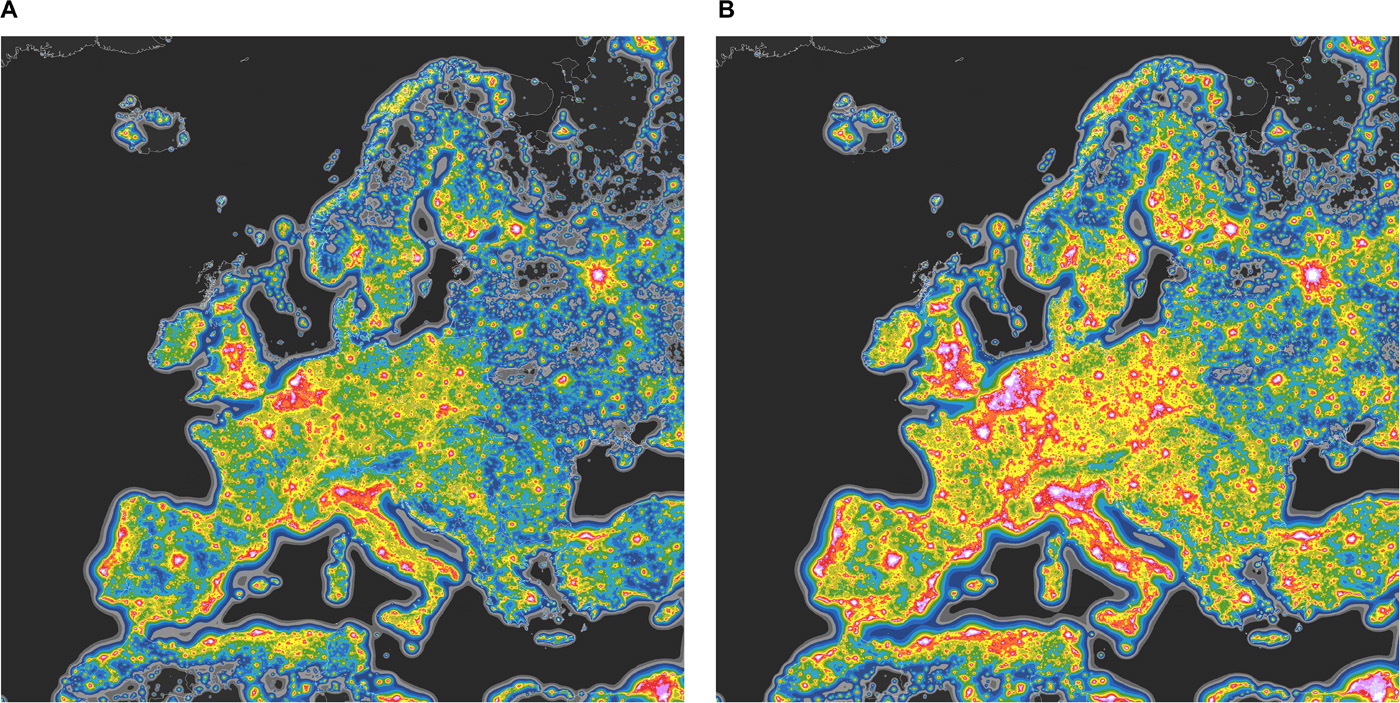 Europe’s artificial sky brightness, in twofold increasing steps, as a ratio to the natural sky brightness