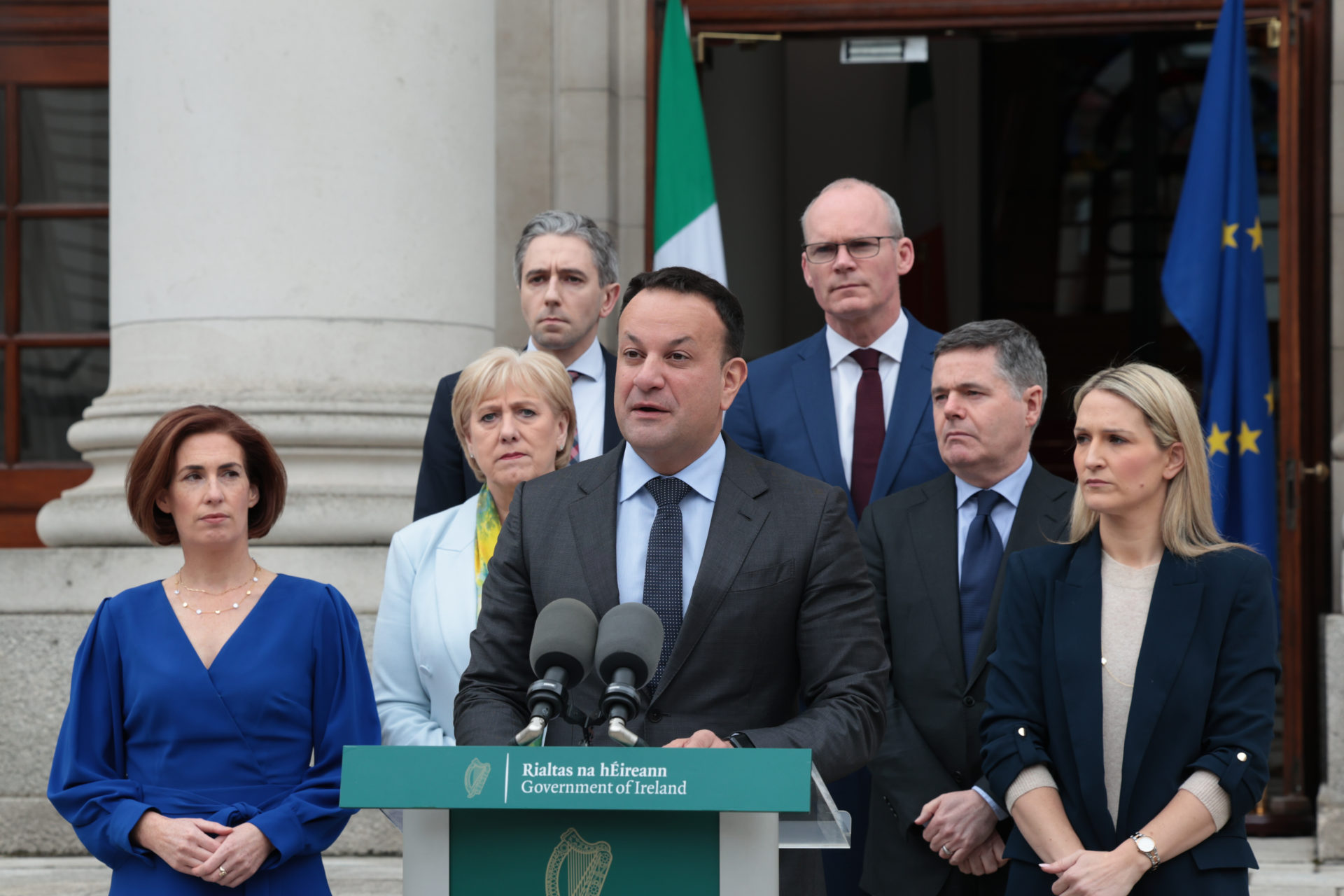 Leo Varadkar and other senior Fine Gael members outside Leinster House, 20/03/2024. Image: Leah Farrell / © RollingNews.ie