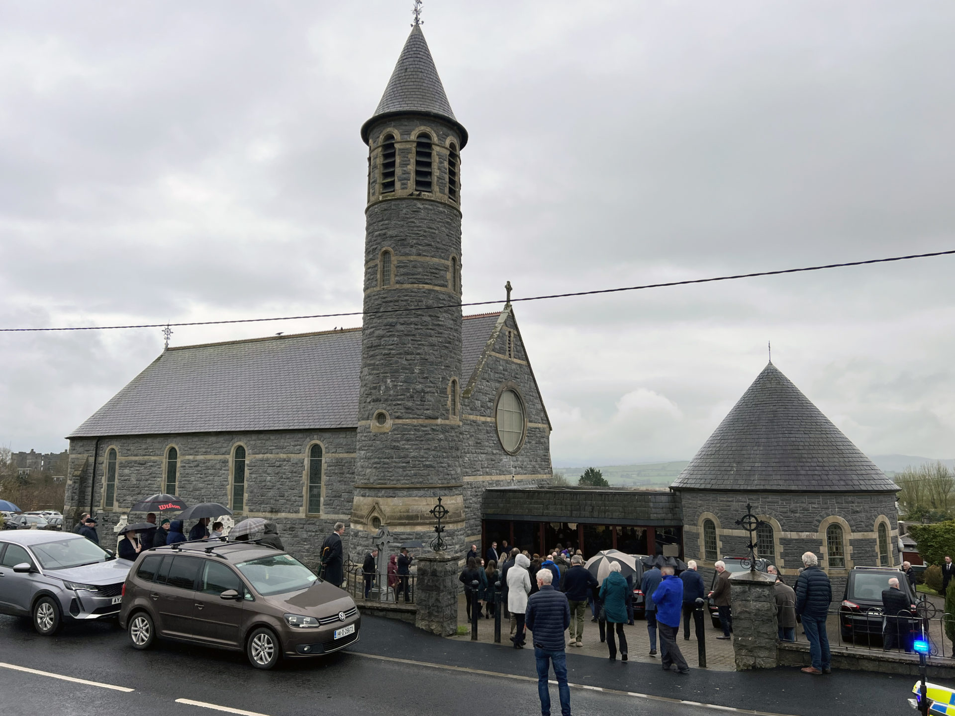 Mourners arrive at St Eunan's Church in Raphoe, Co Donegal for the funeral of Una, Ciara and Saoirse Bowden, 3-4-24.