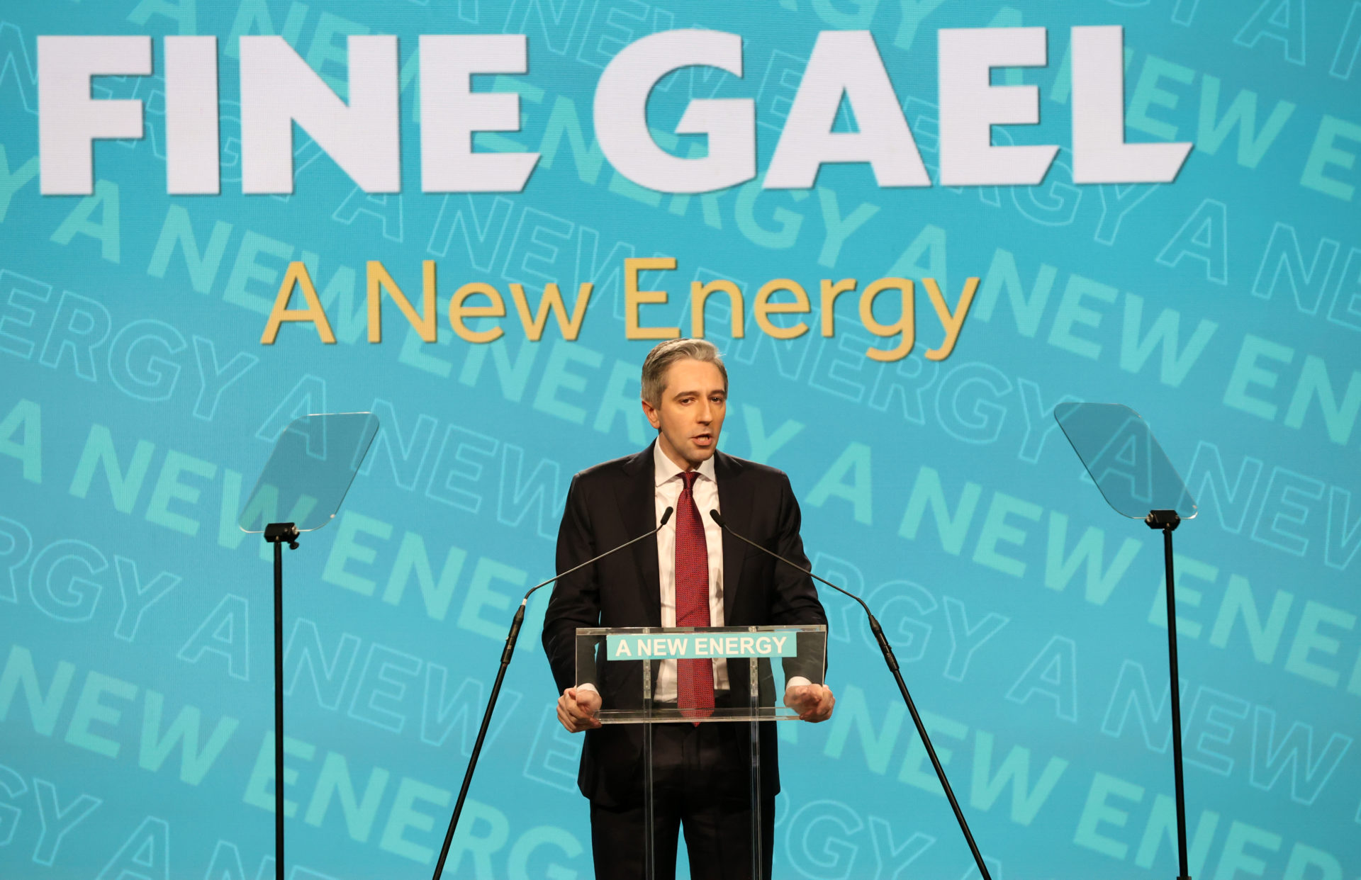 Simon Harris delivering his first address as Fine Gael at the party's 82nd Ard Fheis in Galway, 06/04/2024.