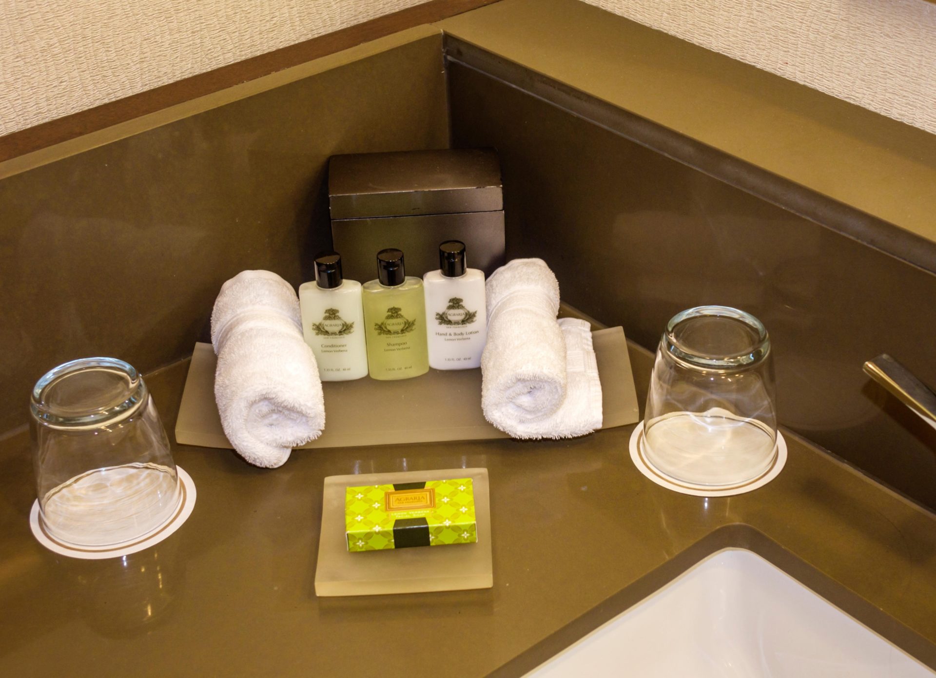 Hotel toiletries in a bathroom, 7-8-14