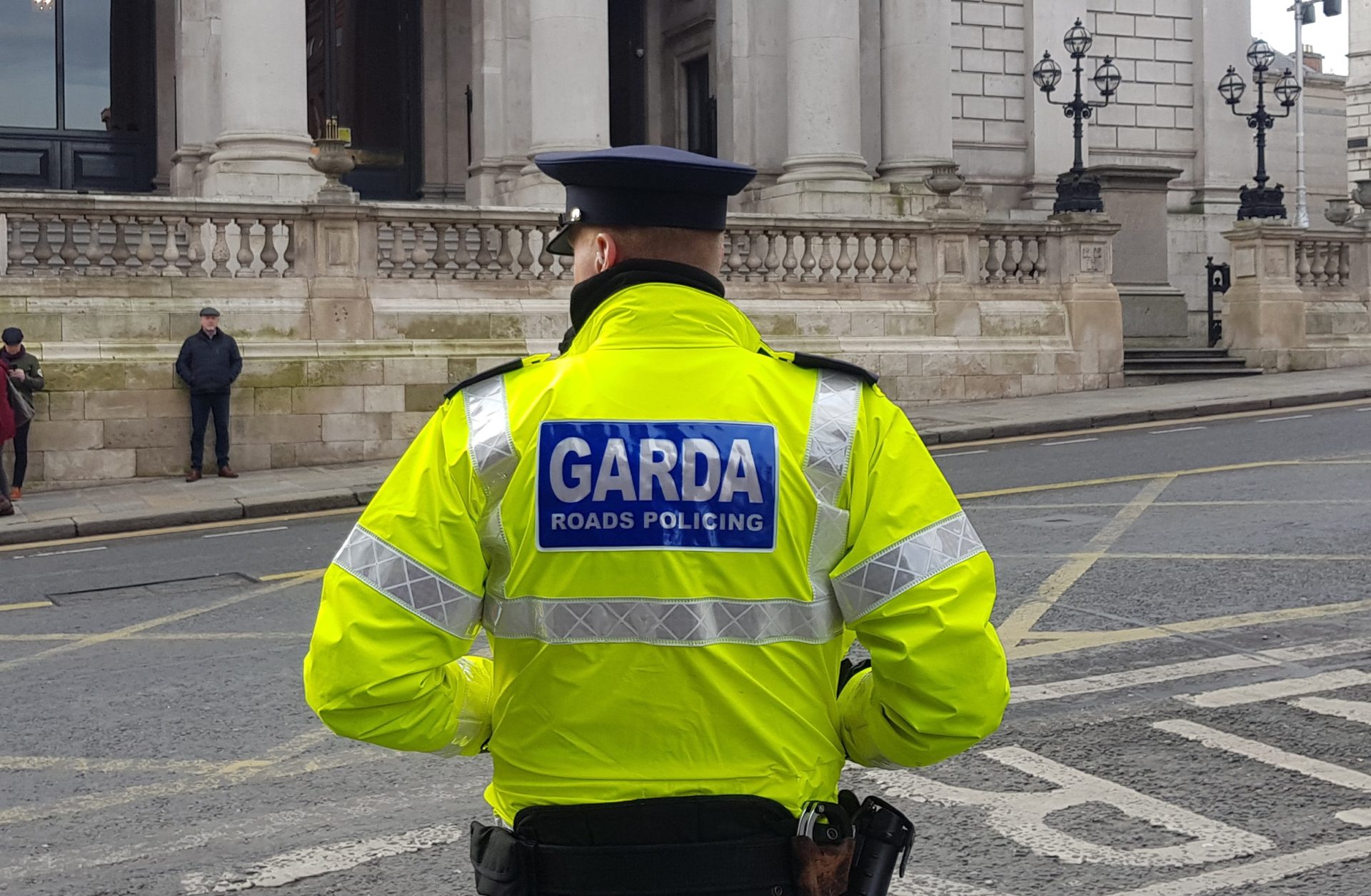 Rising crime rates as a member of the Garda Traffic Corps outside Dublin City Hall, 4-3-20.