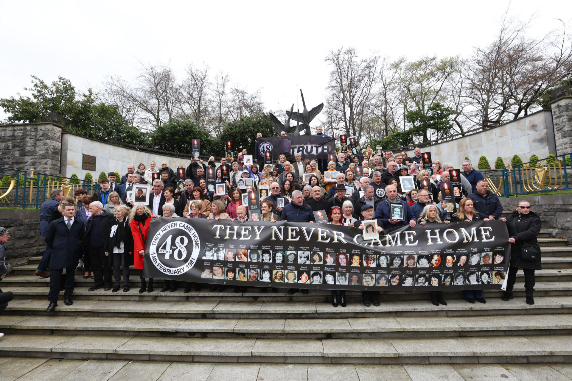 Supporters and family members of the 48 people killed gather in Dublin's Garden of Remembrance after the verdict of unlawful killing from the Stardust Inquest, 18-4-24.