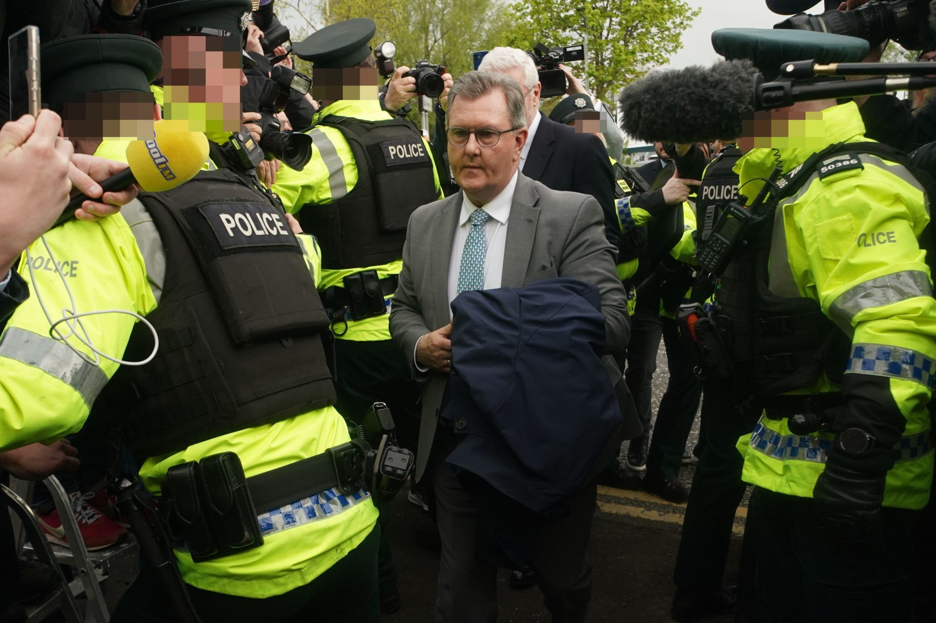 Former DUP leader Jeffrey Donaldson arrives at Newry Magistrates' Court, where he is charged with historical sexual offences, 24-04-2024