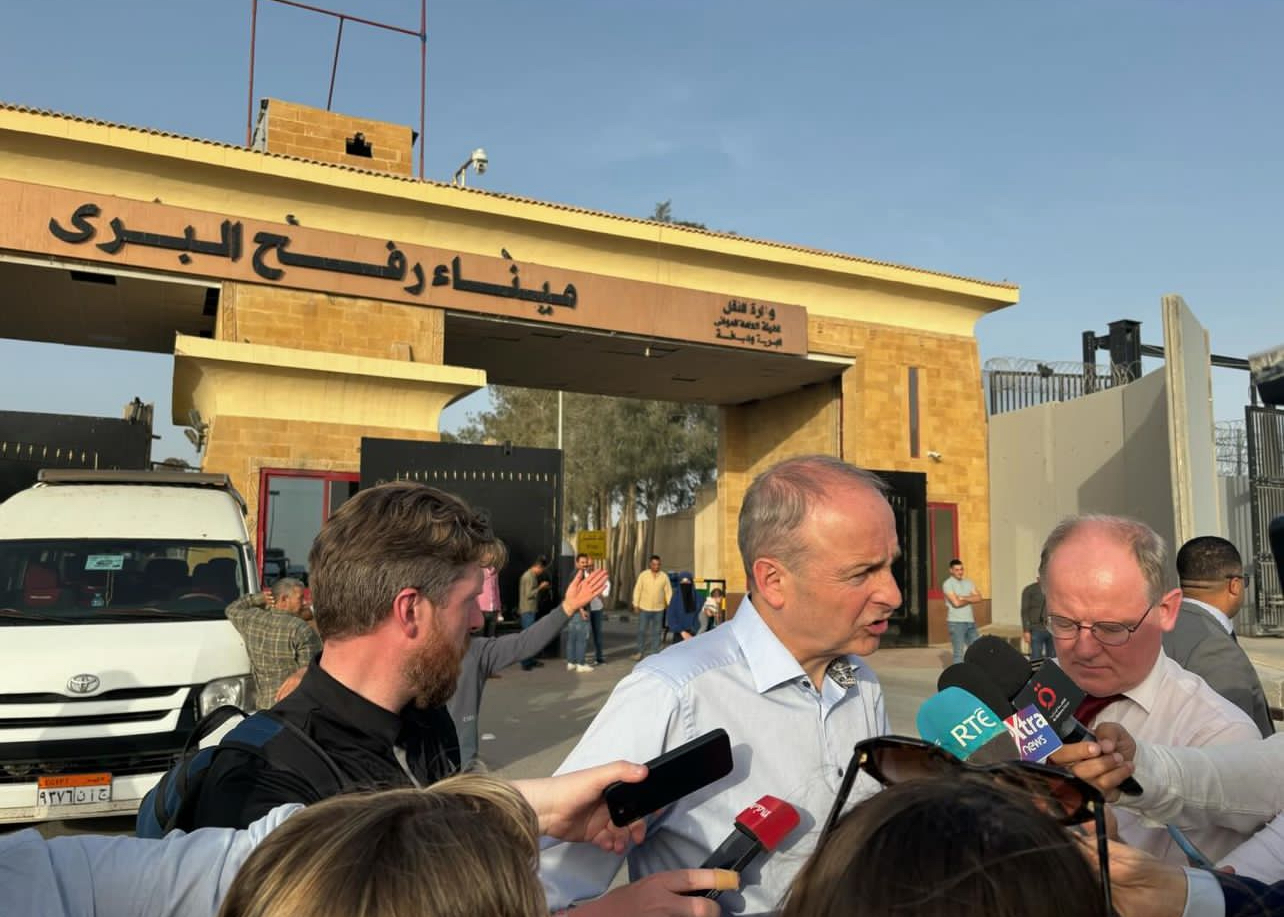 Micheál Martin speaking to reporters after visiting a Palestinian refugee camp in Jordan