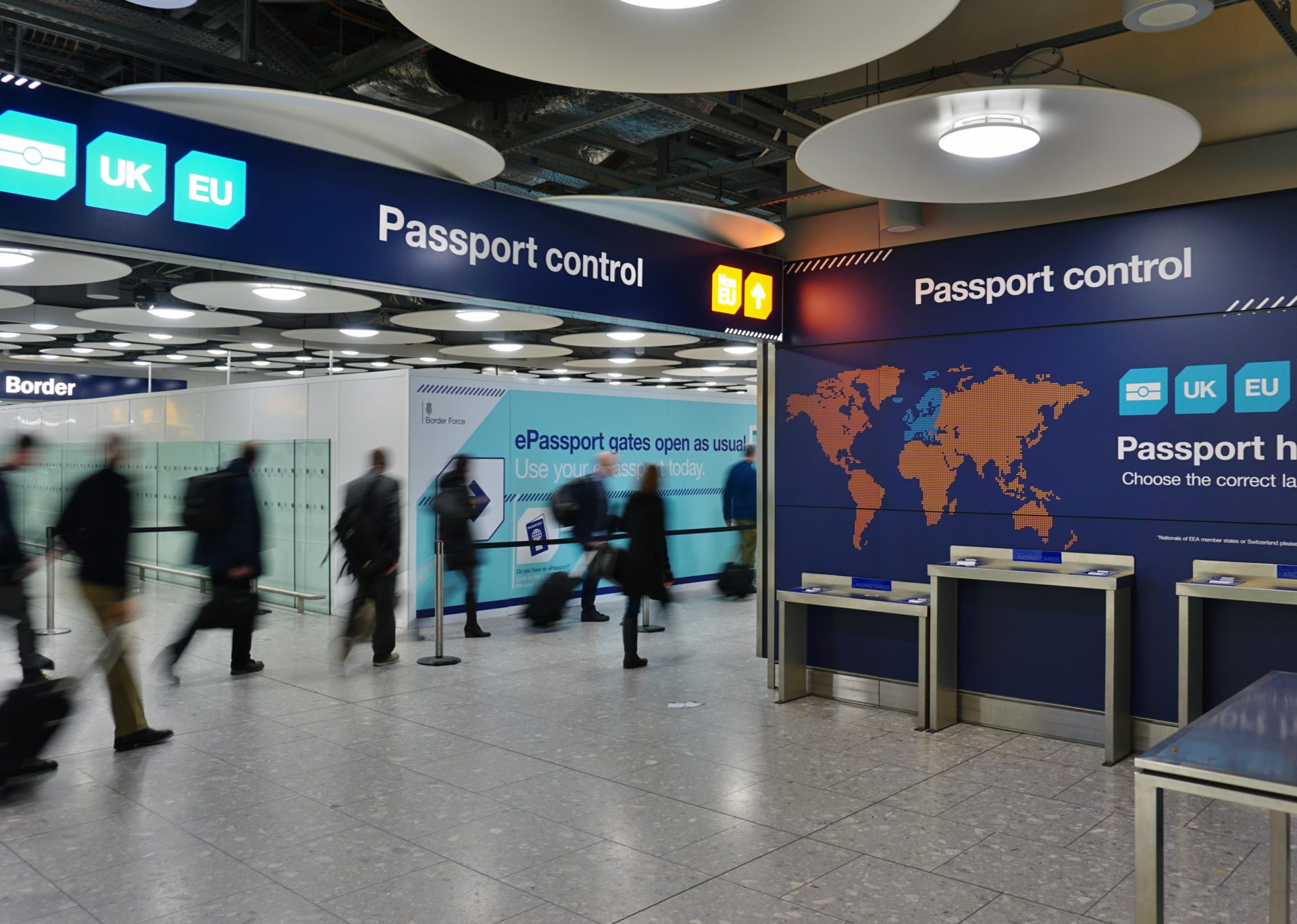 UK and EU passport control and immigration lanes at London's Heathrow Airport, 12-11-16.