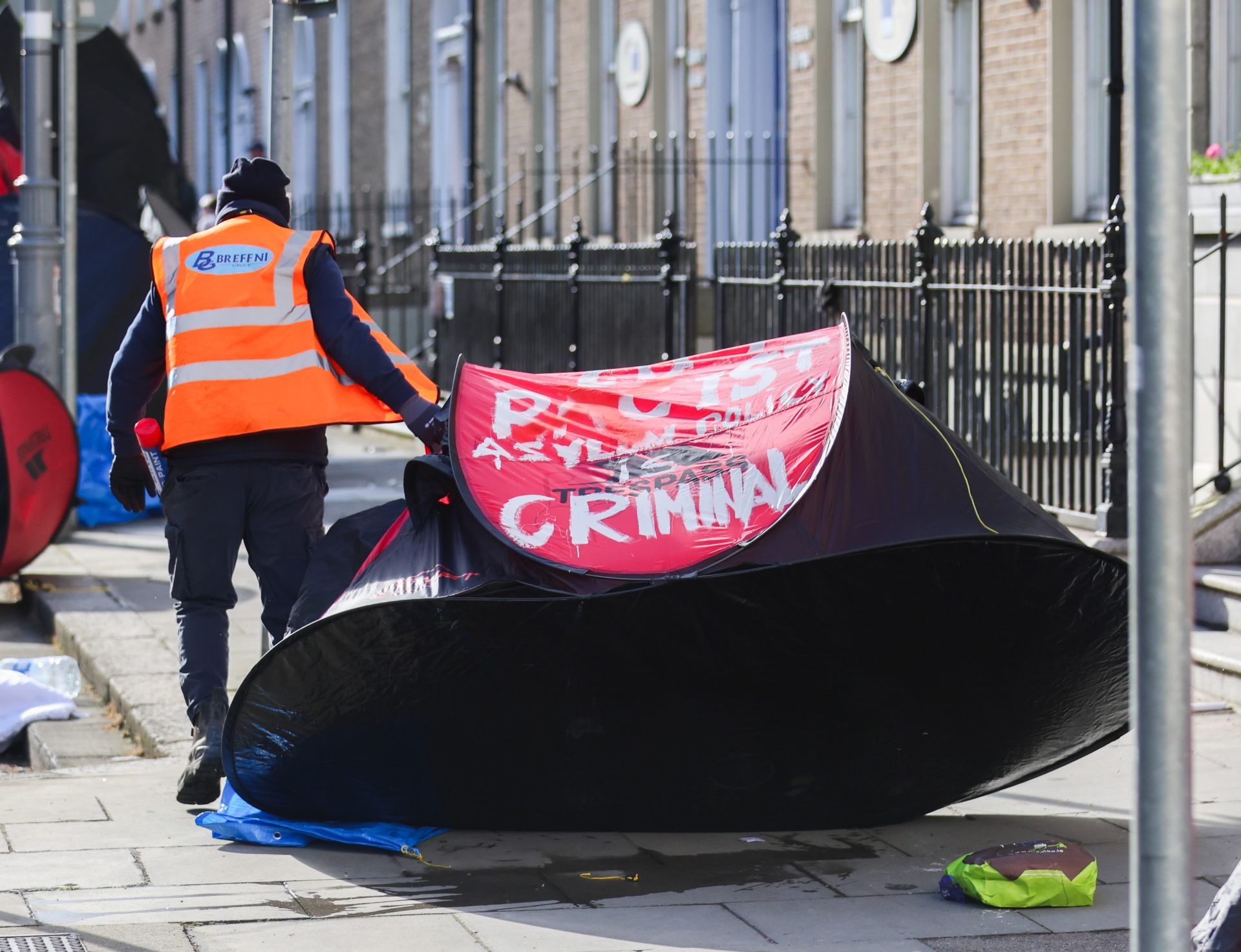 Tents being removed from outside the International Protection Office on Mount Street in Dublin,1-5-24