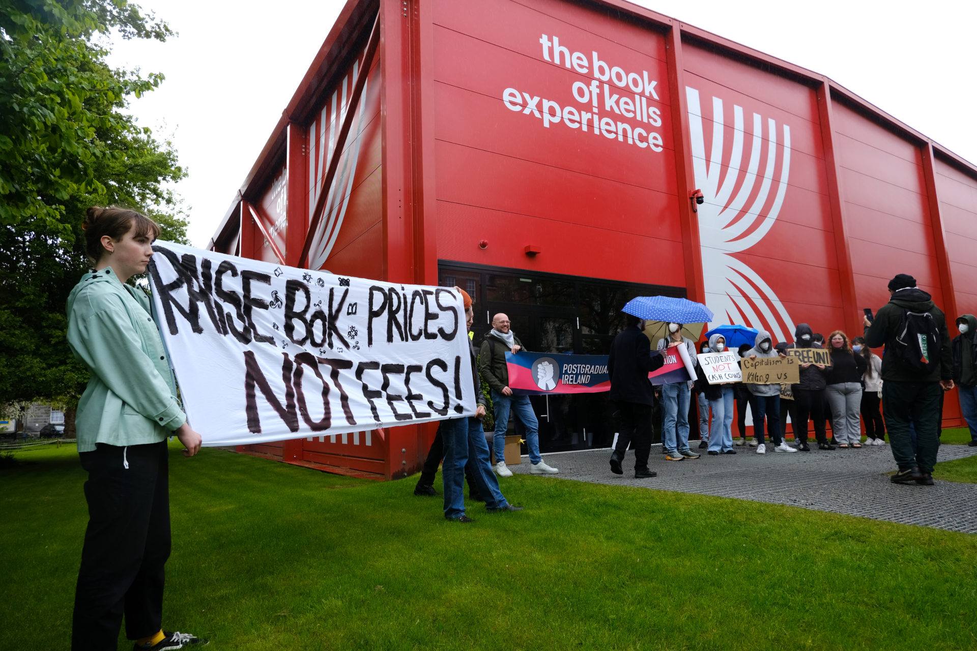 Protestors at the Book of Kells Experience in Trinity College Dublin, 01/05/2024. Image: Rory Chinn/Trinity News