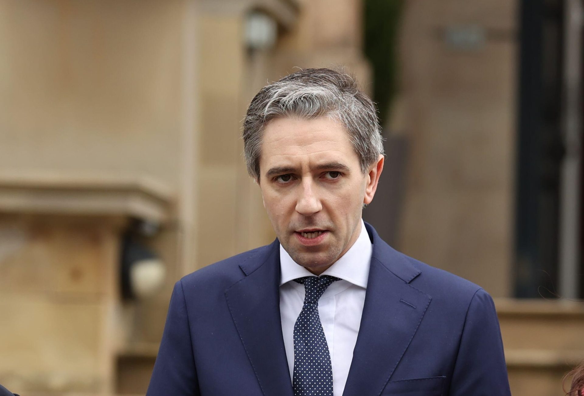 Taoiseach Simon Harris during a press conference outside Stormont Castle in Northern Ireland, 3-5-24.