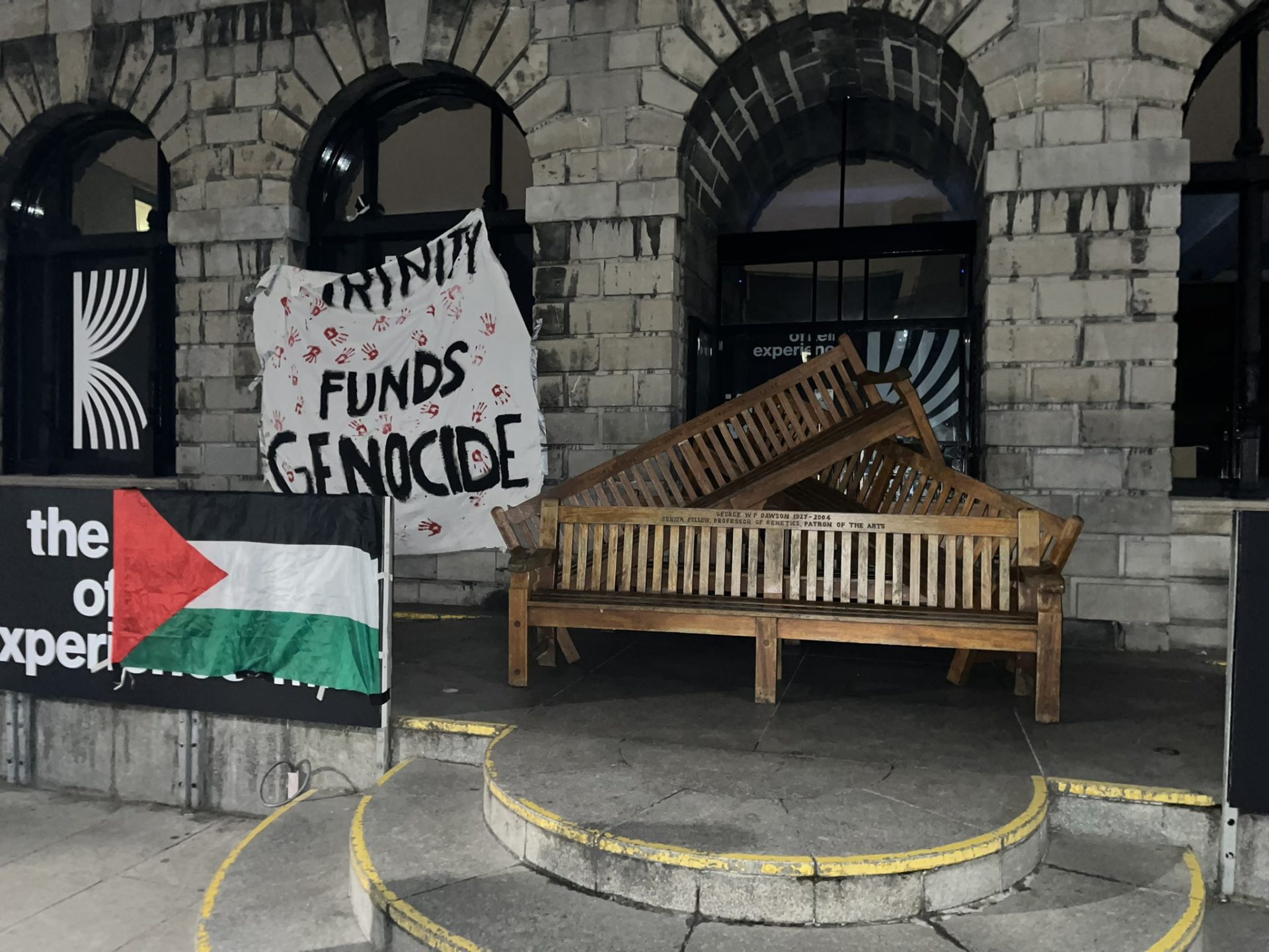 Benches set up by student protestors to block entrance to the Book of Kells at Trinity College Dublin. Image: Ellen Kenny