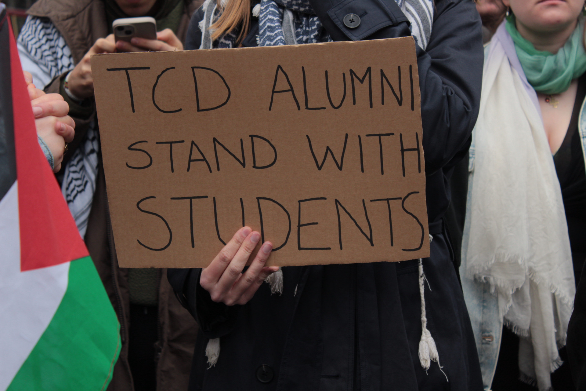 Protest outside Trinity College Dublin in support of students' encampment of the Book of Kells. Photo: Neasa Nic Cocráin.